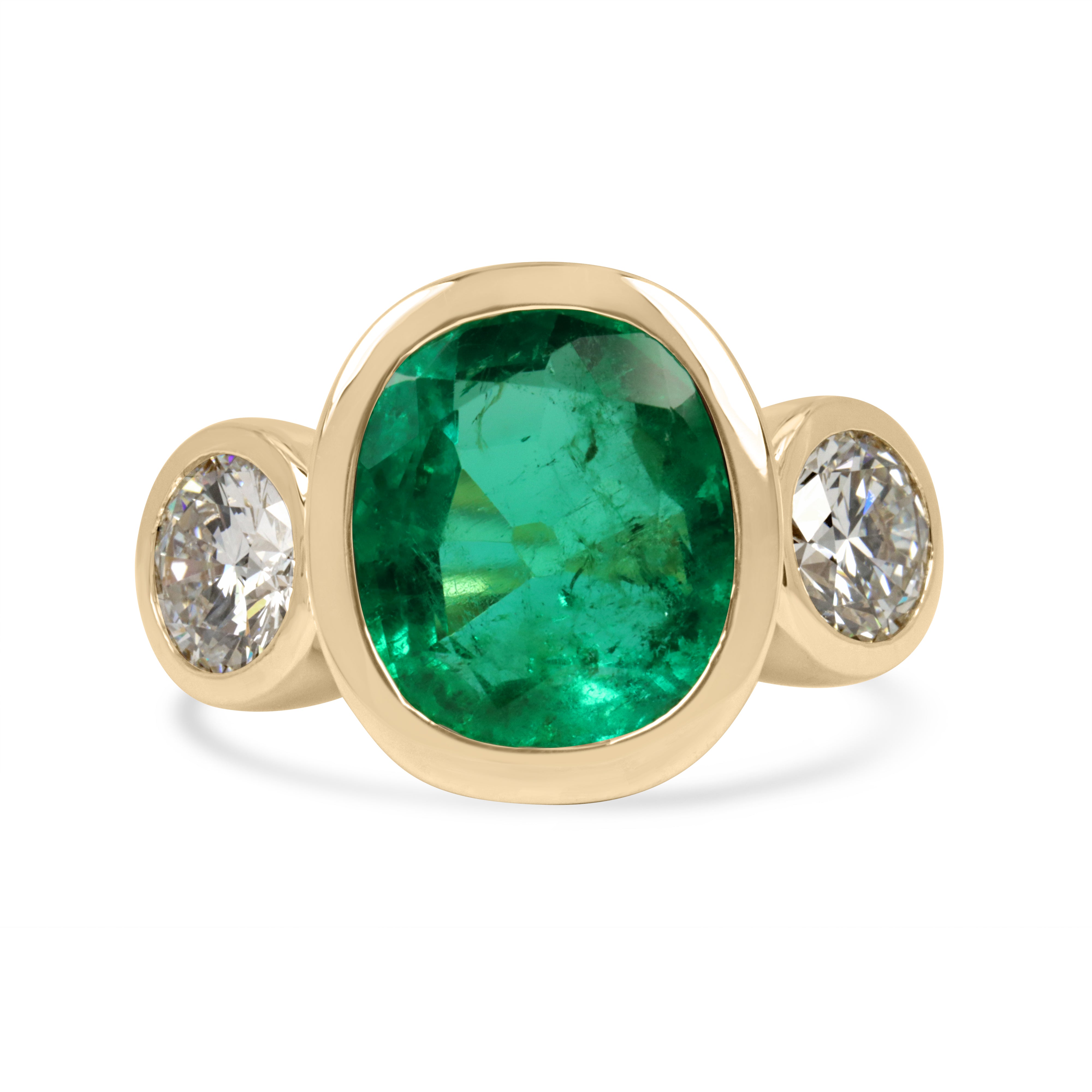 7.33tcw 18K Exclusive Cushion Colombian Emerald & Brilliant Round Diamond Three Stone Ring