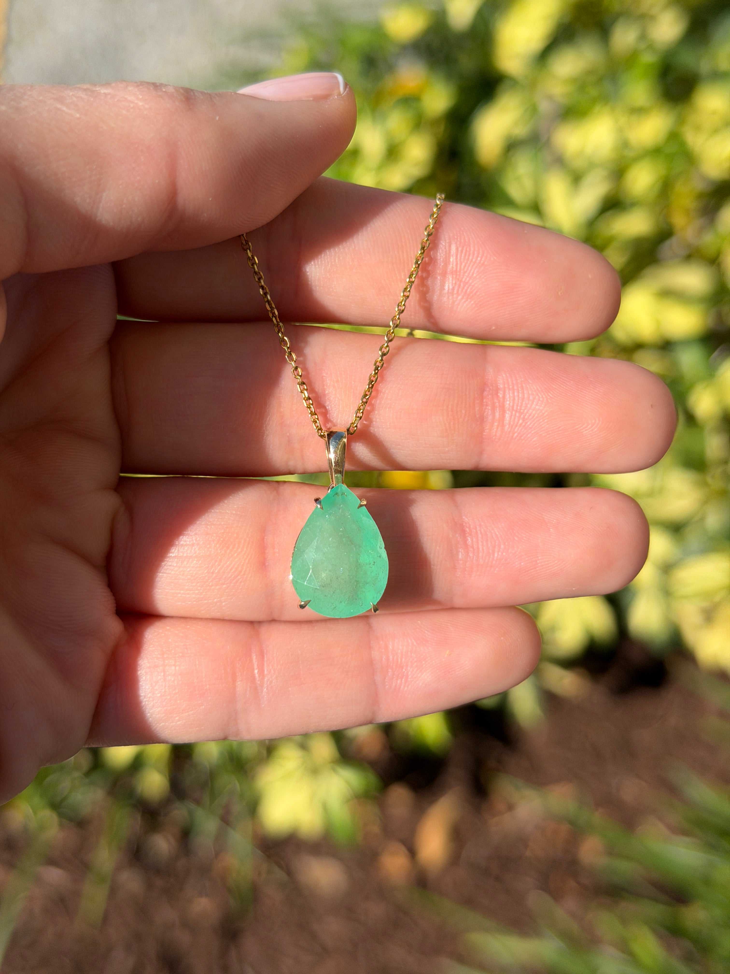 8.20 Carat Earthy Colombian Emerald Teardrop Solitaire Necklace 14K Gold - JR Colombian Emeralds