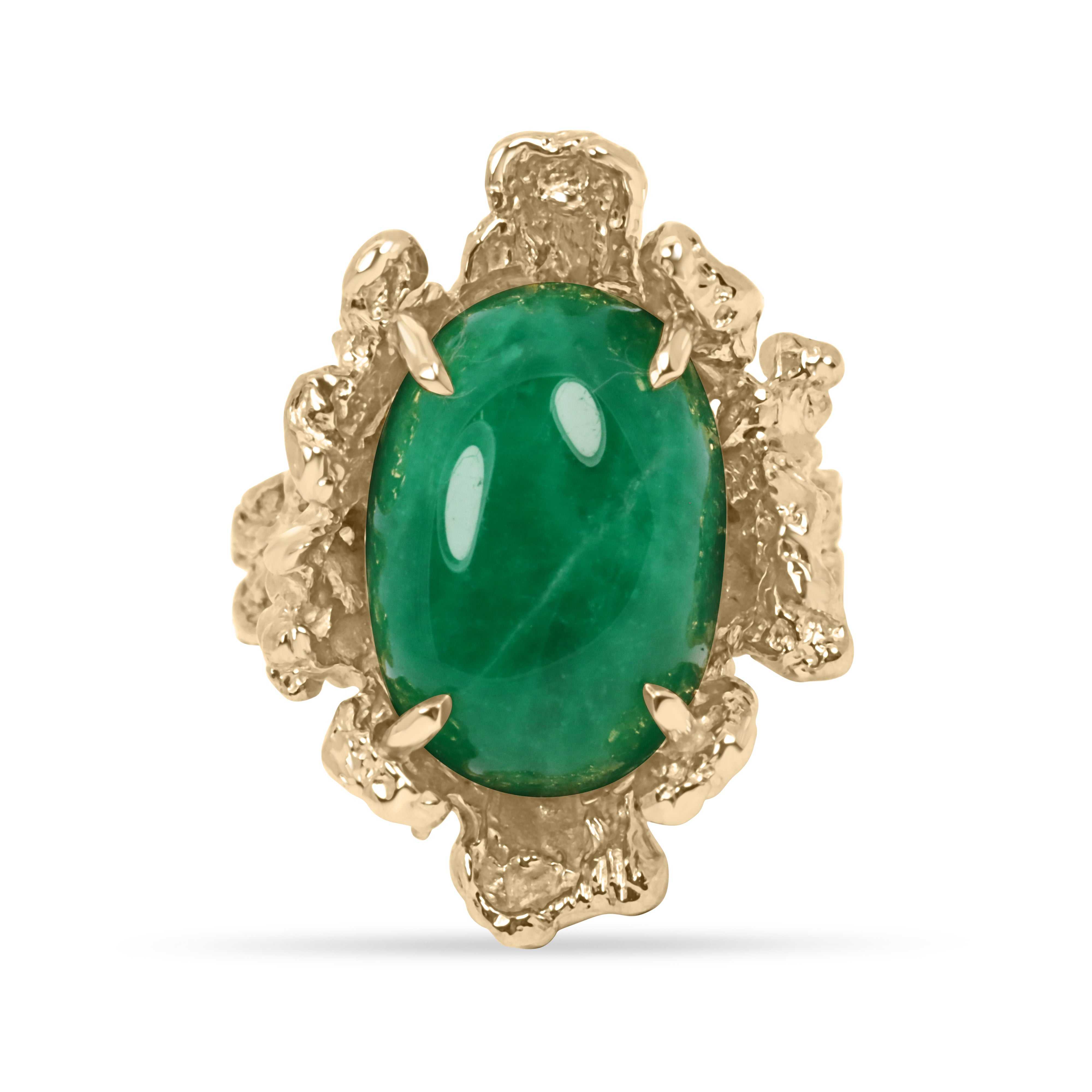 12.87ct 18K yellow gold ring with natural cabochon oval emerald stone solitaire nugget design