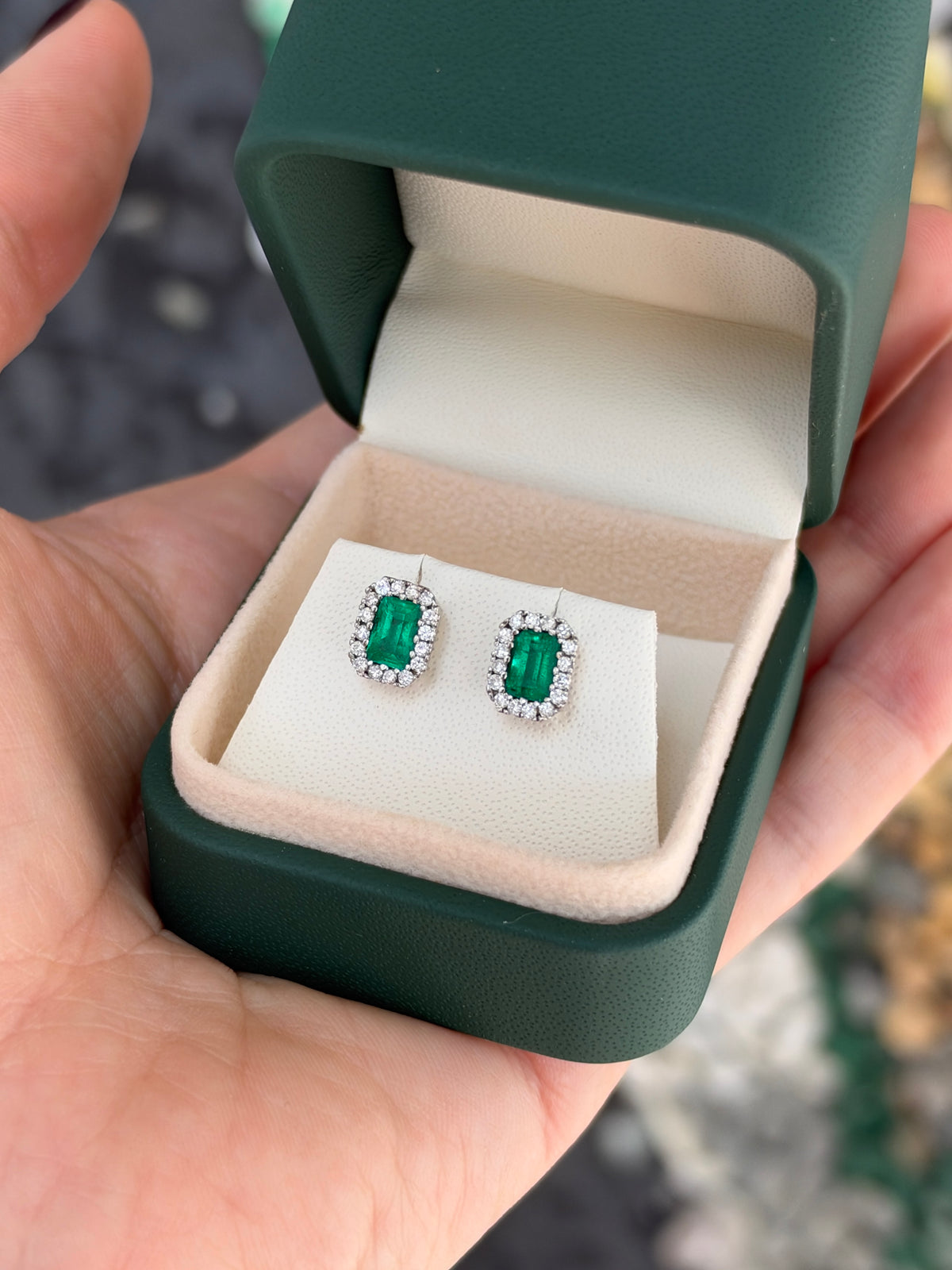 1.68tcw 18K Rich Green Natural Colombian Emerald & Diamond Halo Stud Earrings White Gold