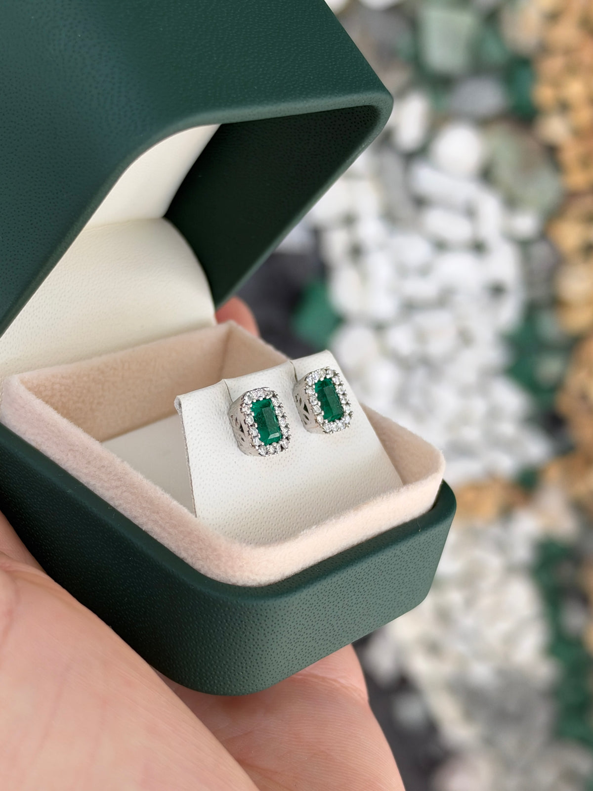 1.68tcw 18K Rich Green Natural Colombian Emerald & Diamond Halo Stud Earrings White Gold