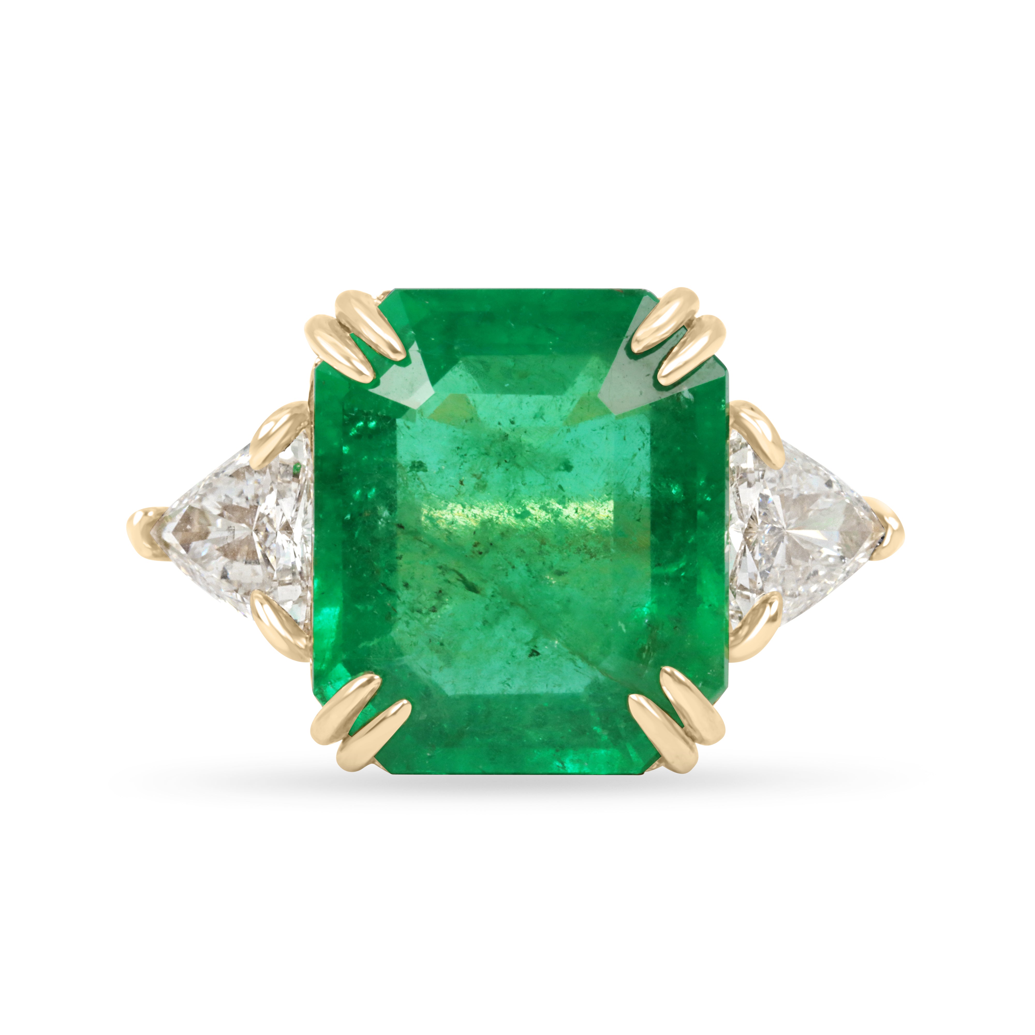 7.15tcw Muzo Colombian Emerald & Natural Trillion Diamond Three Stone 18K