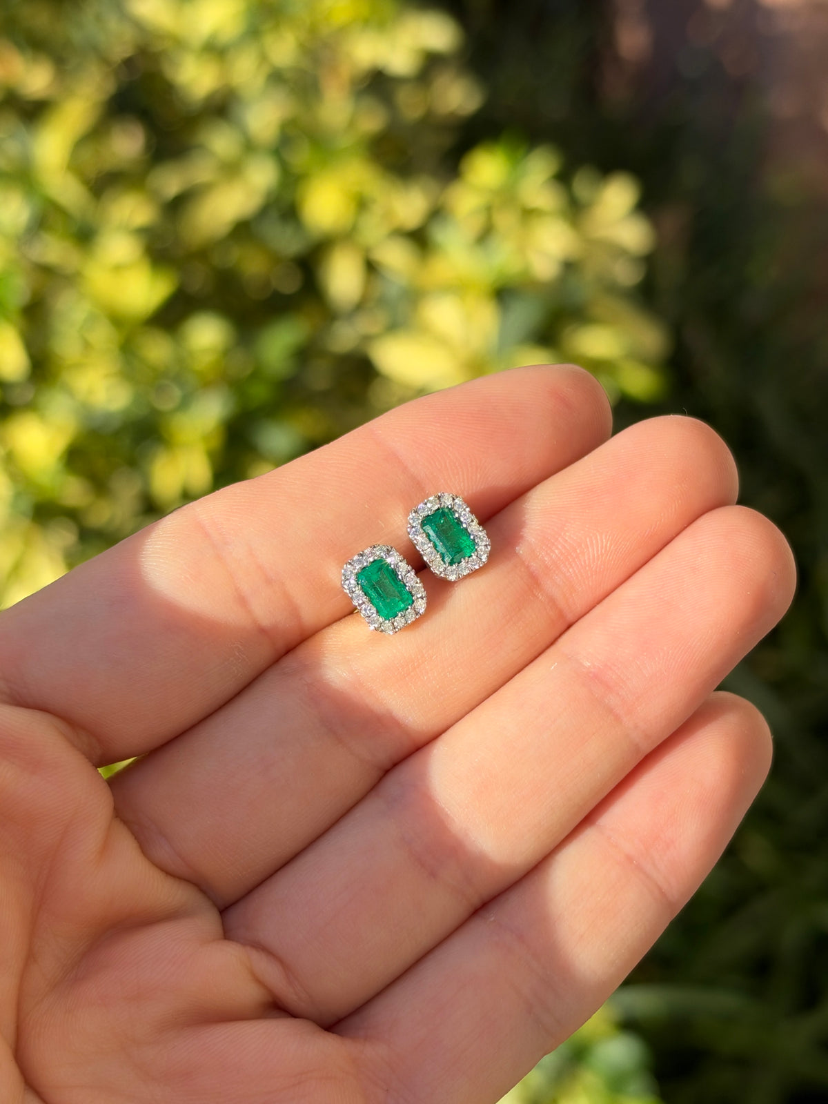1.68tcw 18K Rich Green Natural Colombian Emerald & Diamond Halo Stud Earrings White Gold