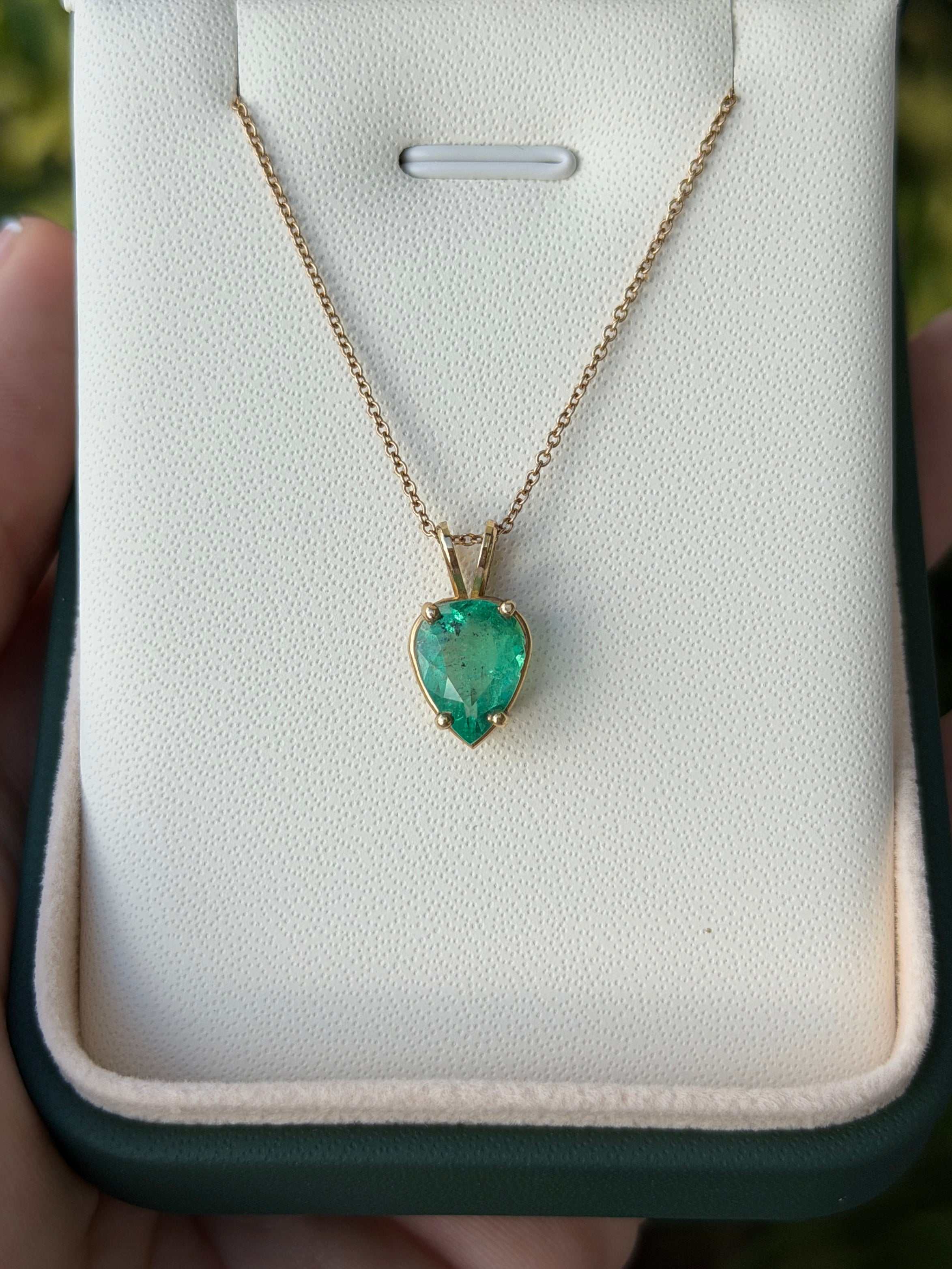 2.82cts Inverted Colombian Emerald-Pear Cut Solitaire Necklace 14K