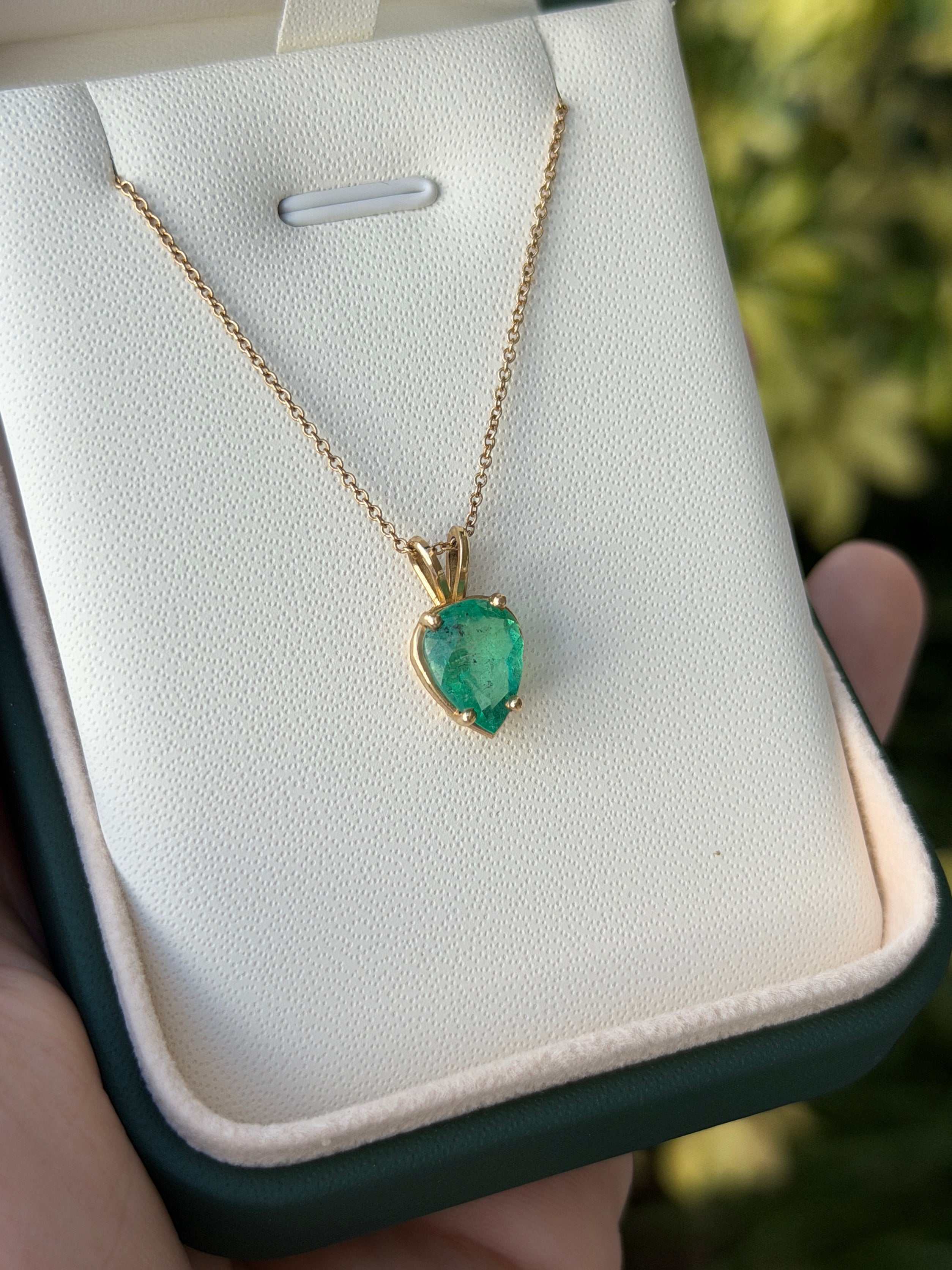 2.82cts Inverted Colombian Emerald-Pear Cut Solitaire Necklace 14K