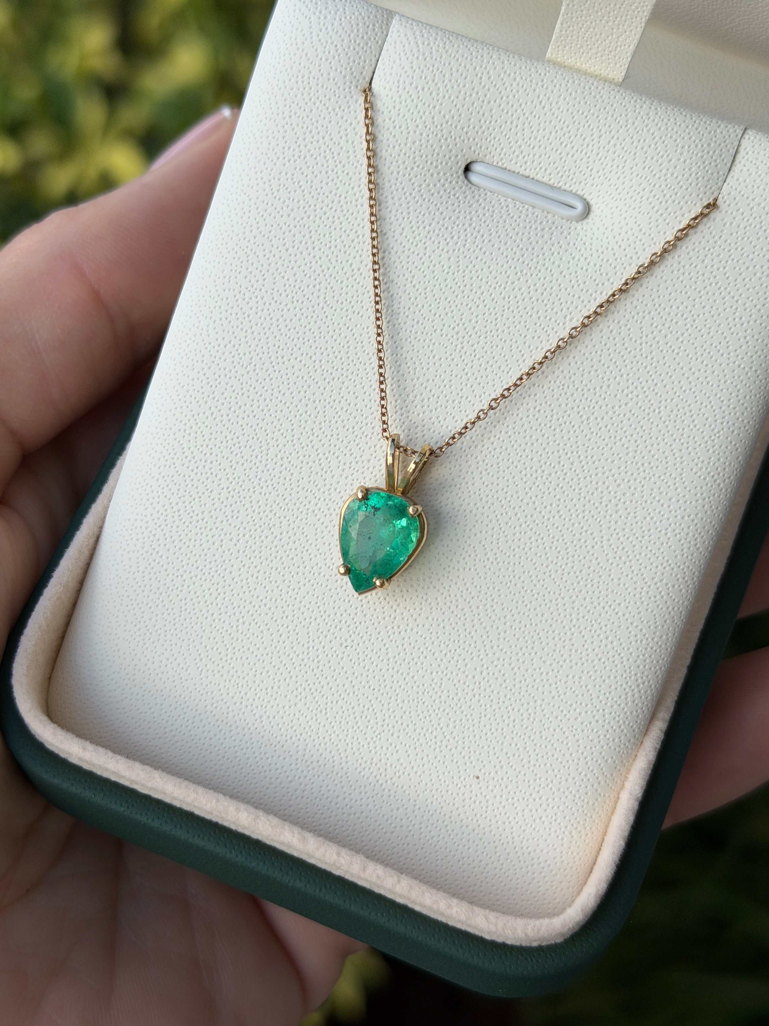 2.82cts Inverted Colombian Emerald-Pear Cut Solitaire Necklace 14K