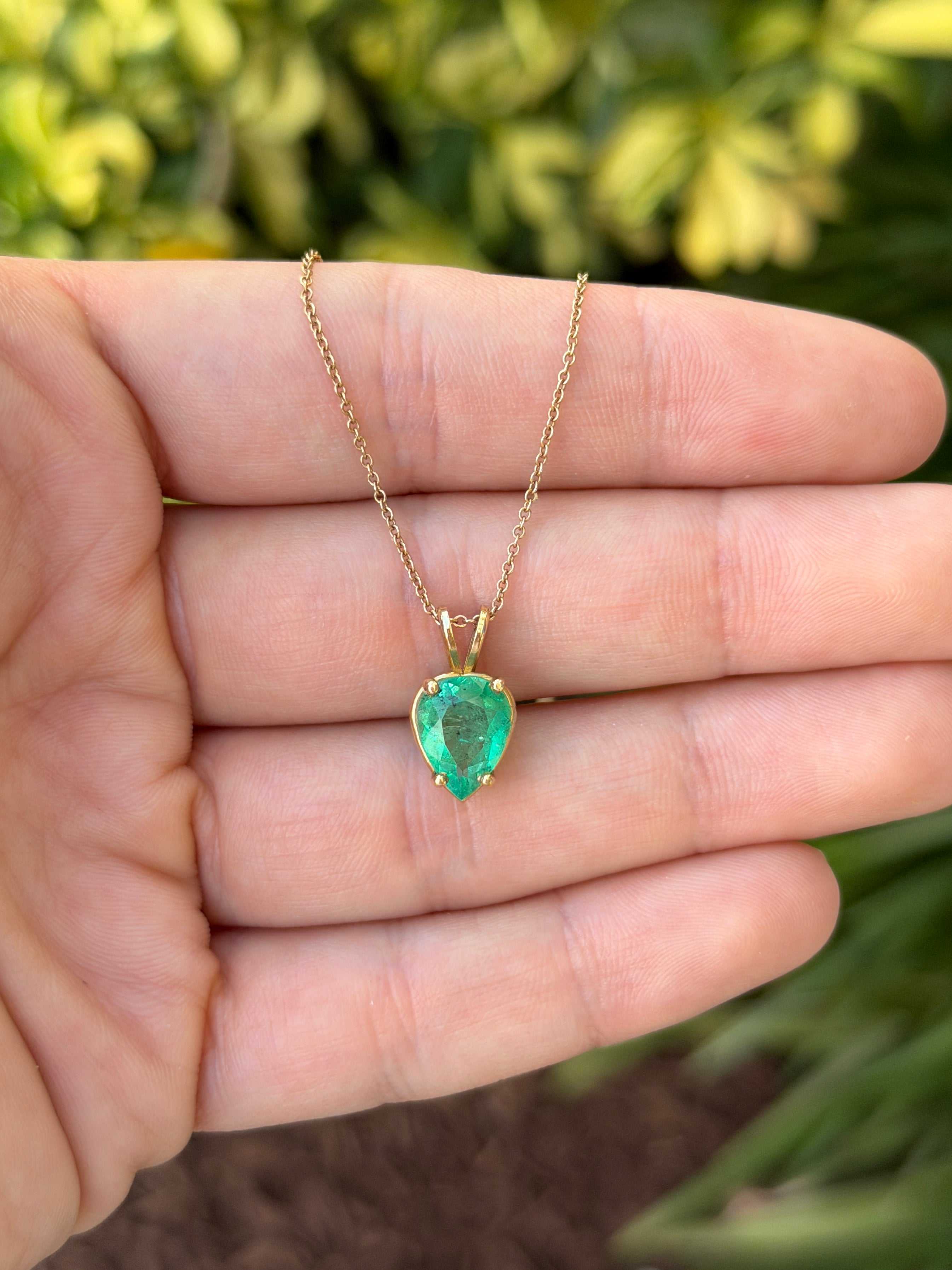 2.82cts Inverted Colombian Emerald-Pear Cut Solitaire Necklace 14K