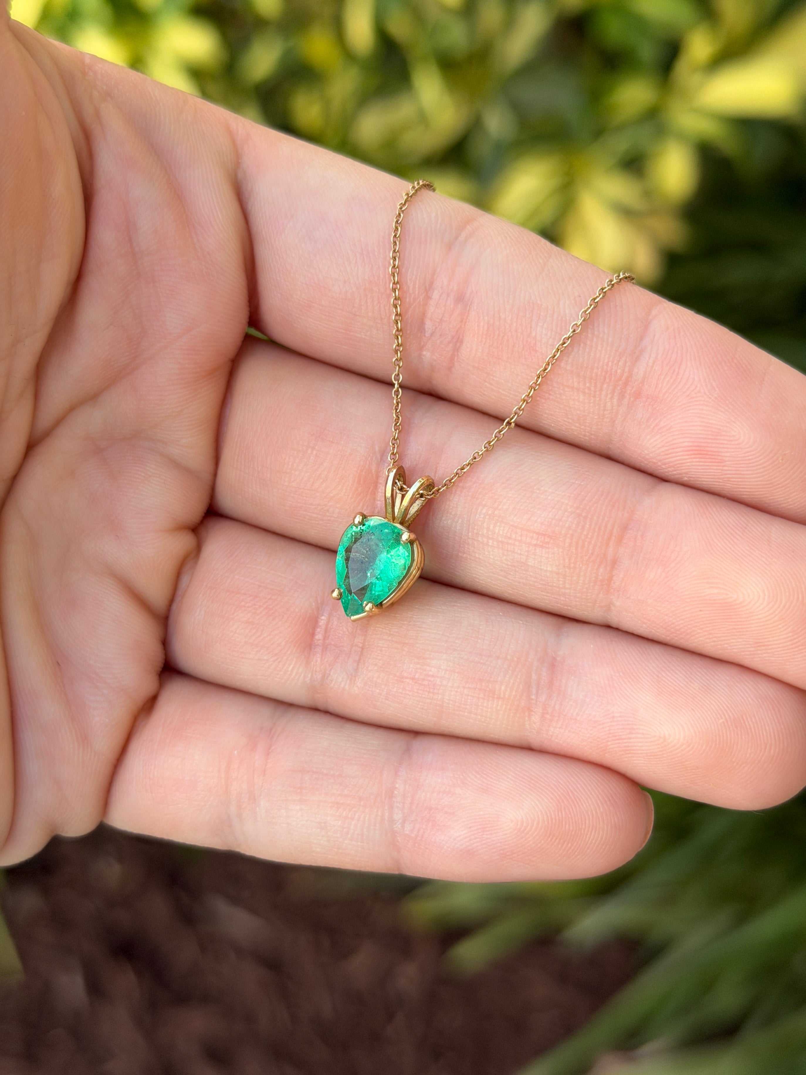 2.82cts Inverted Colombian Emerald-Pear Cut Solitaire Necklace 14K