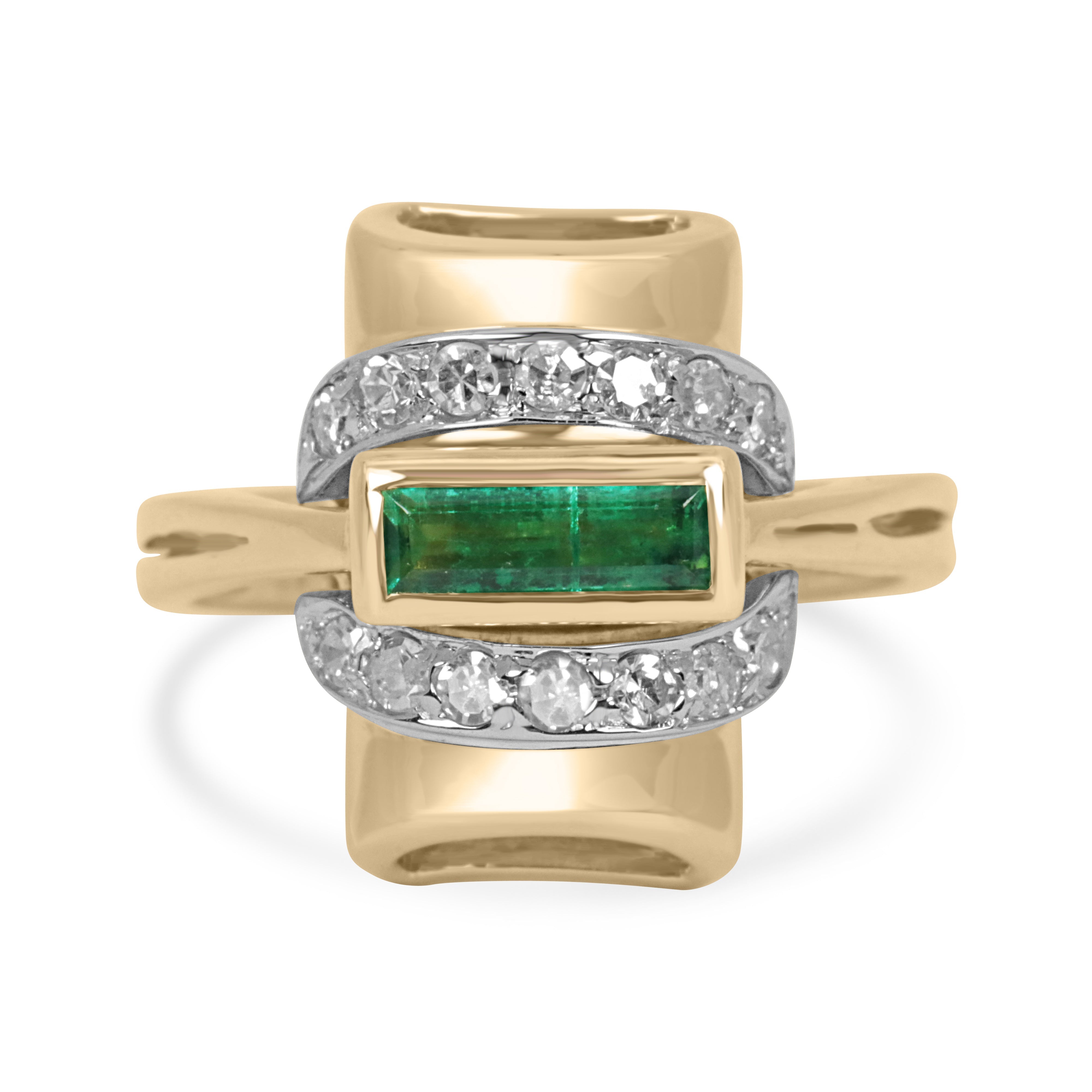 1.66tcw 18K two-toned vintage ring with Colombian baguette emerald and diamond accents