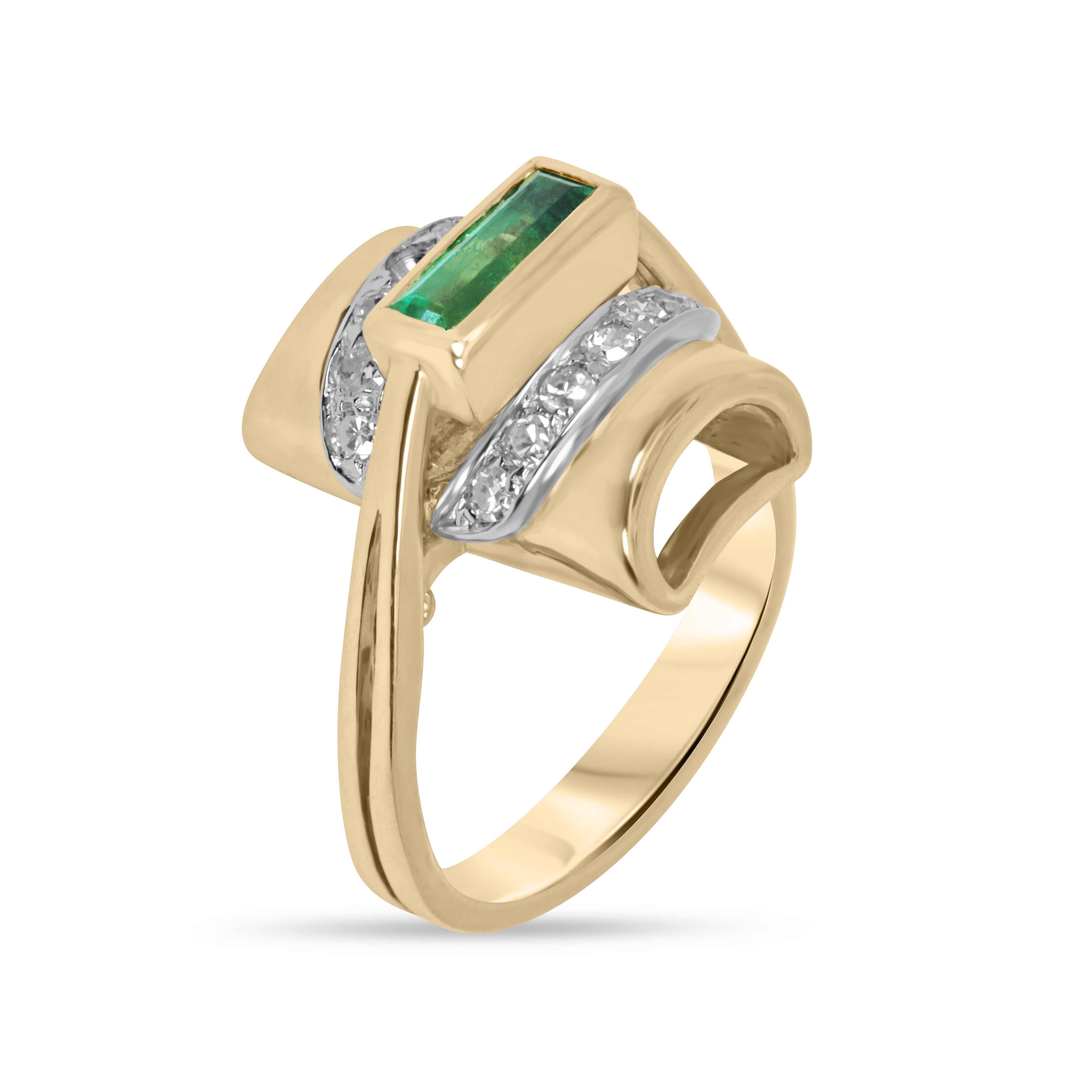 1.66tcw 18K Vintage Colombian Emerald Baguette & Diamond Accent Two Toned Statement Ring