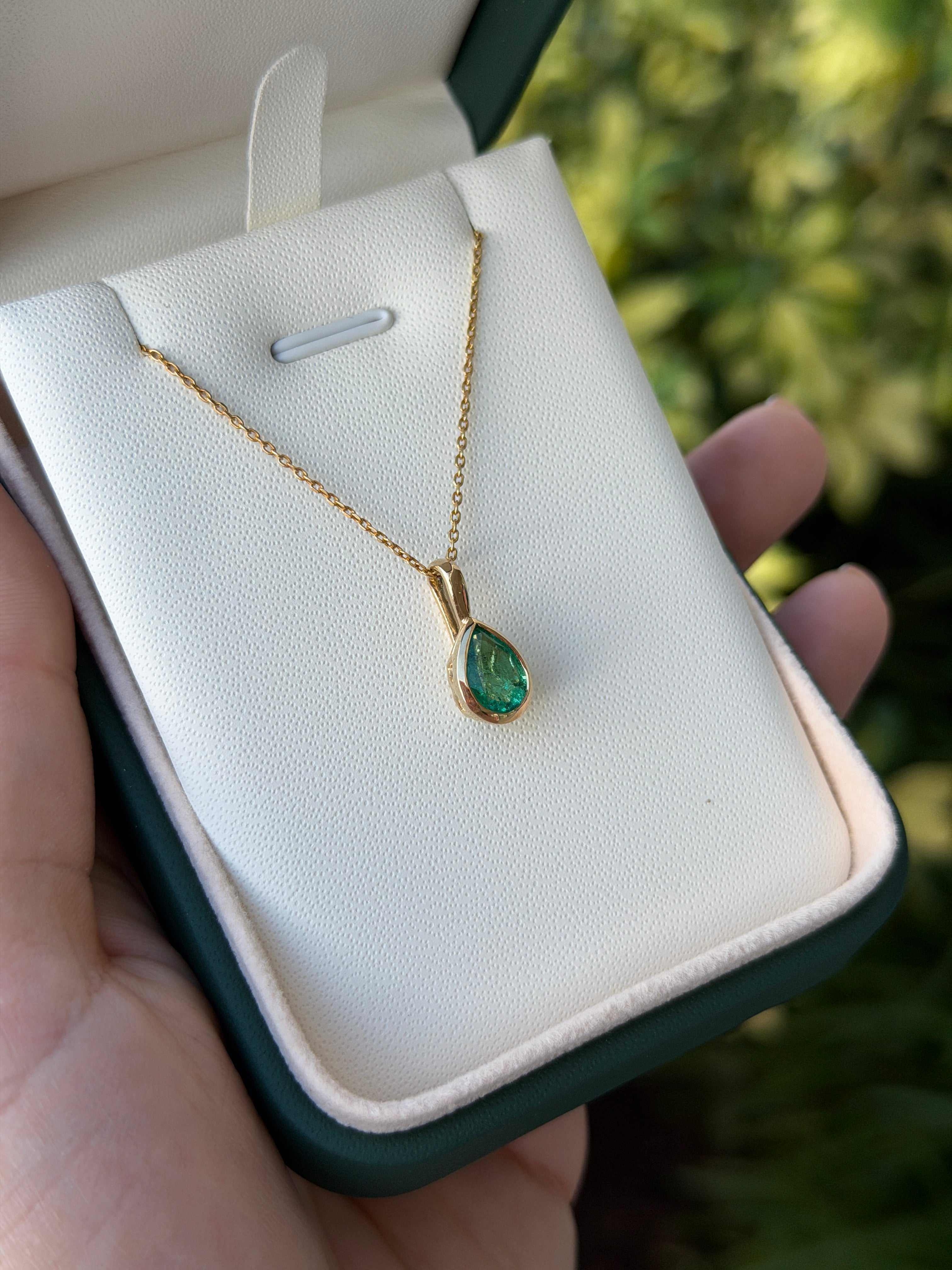 1.0ct Bezel Set Natural Emerald Pear Modern Necklace 14K 