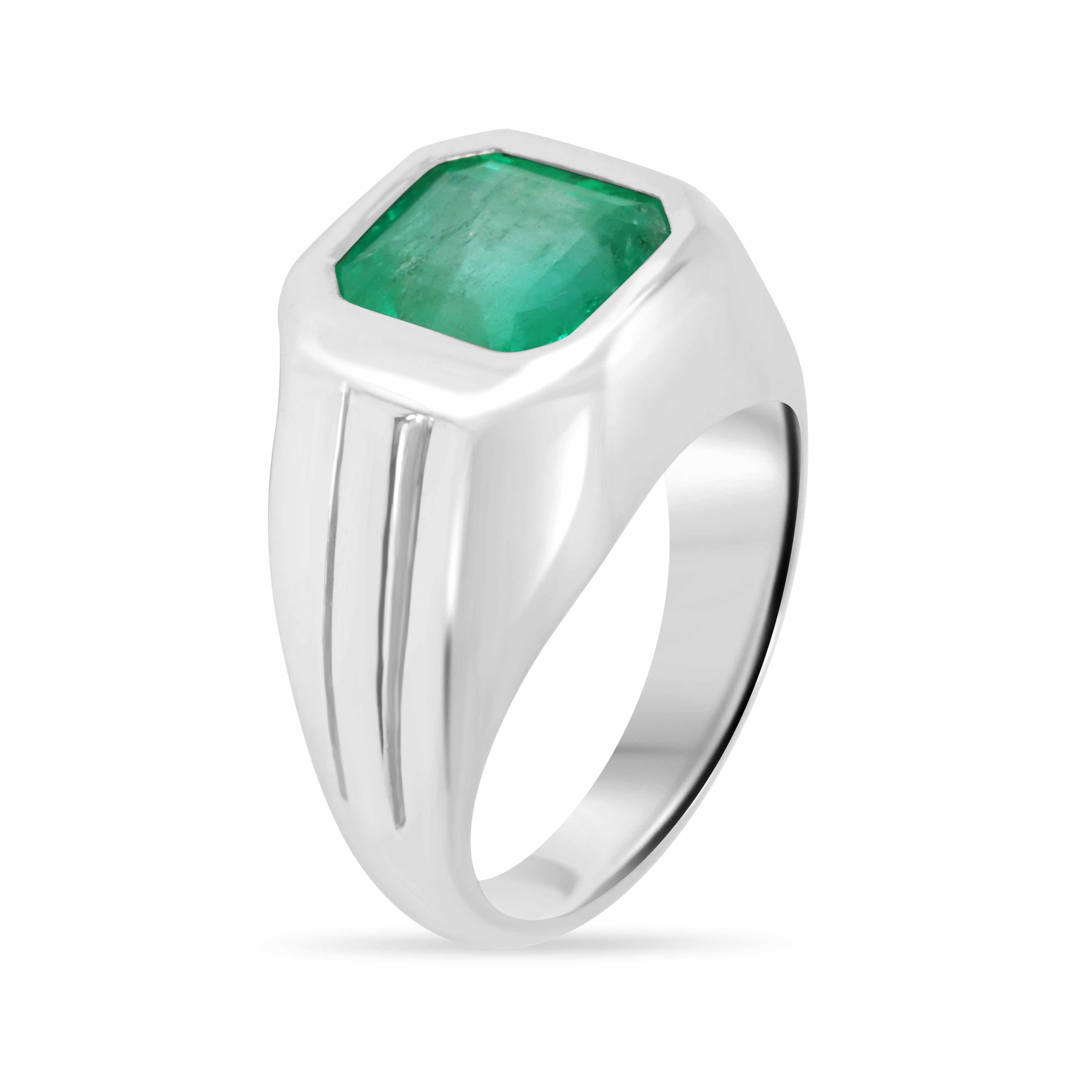 3.25ct Asscher Cut Colombian Emerald Solitaire Pinky Signet Ring 14K White Gold