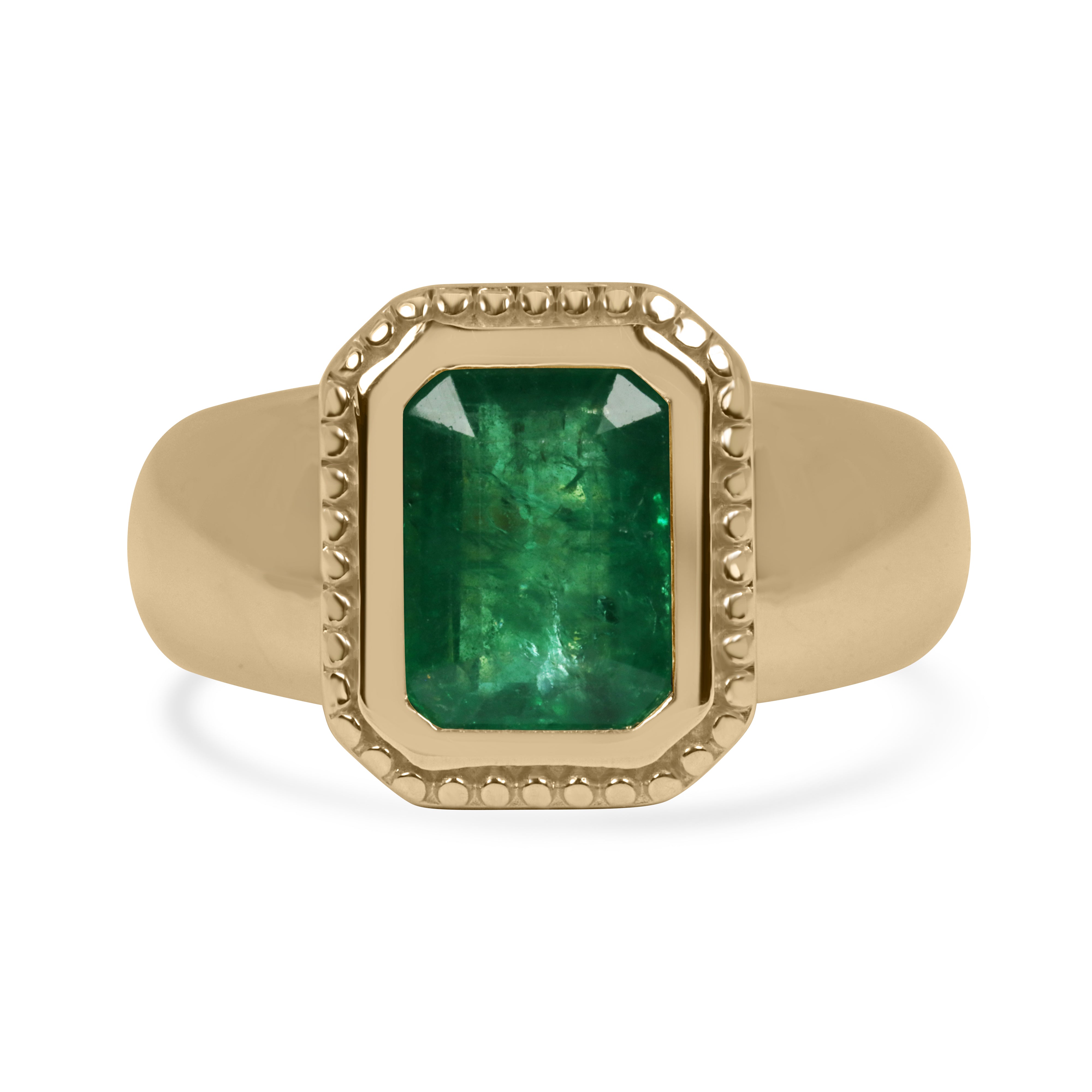 2.20cts Wide Milgrain Bezel Set Emerald Solitaire Ring 14K