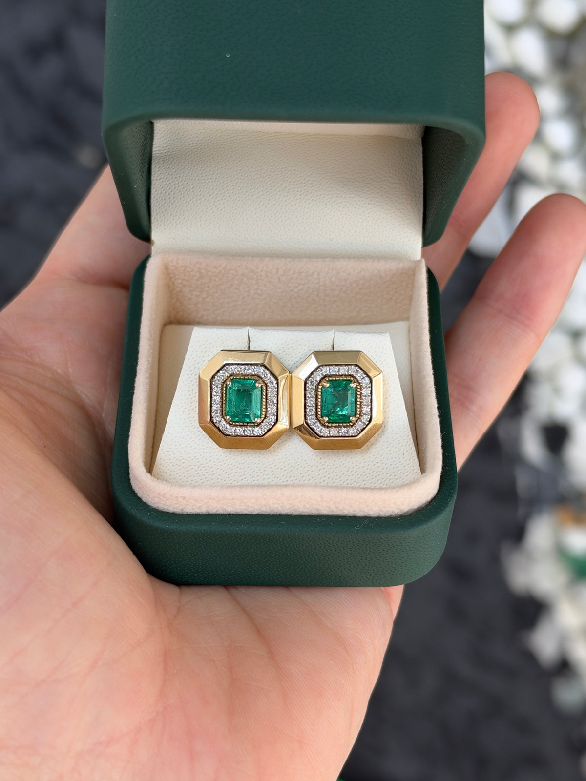 1.94tcw 14K XL Natural Emerald Cut Emerald & Diamond Halo Stud Earrings Two Toned