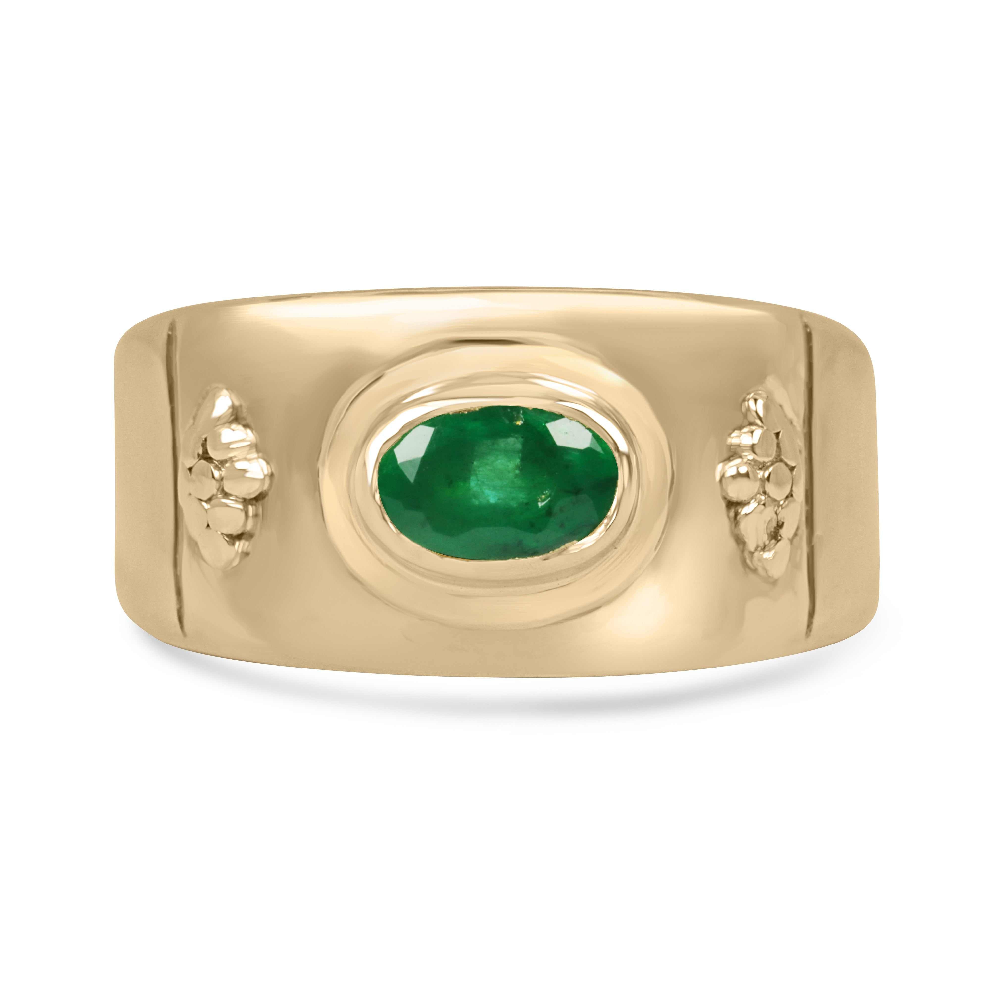 0.65tcw 18K yellow gold vintage oval emerald bezel pinky ring