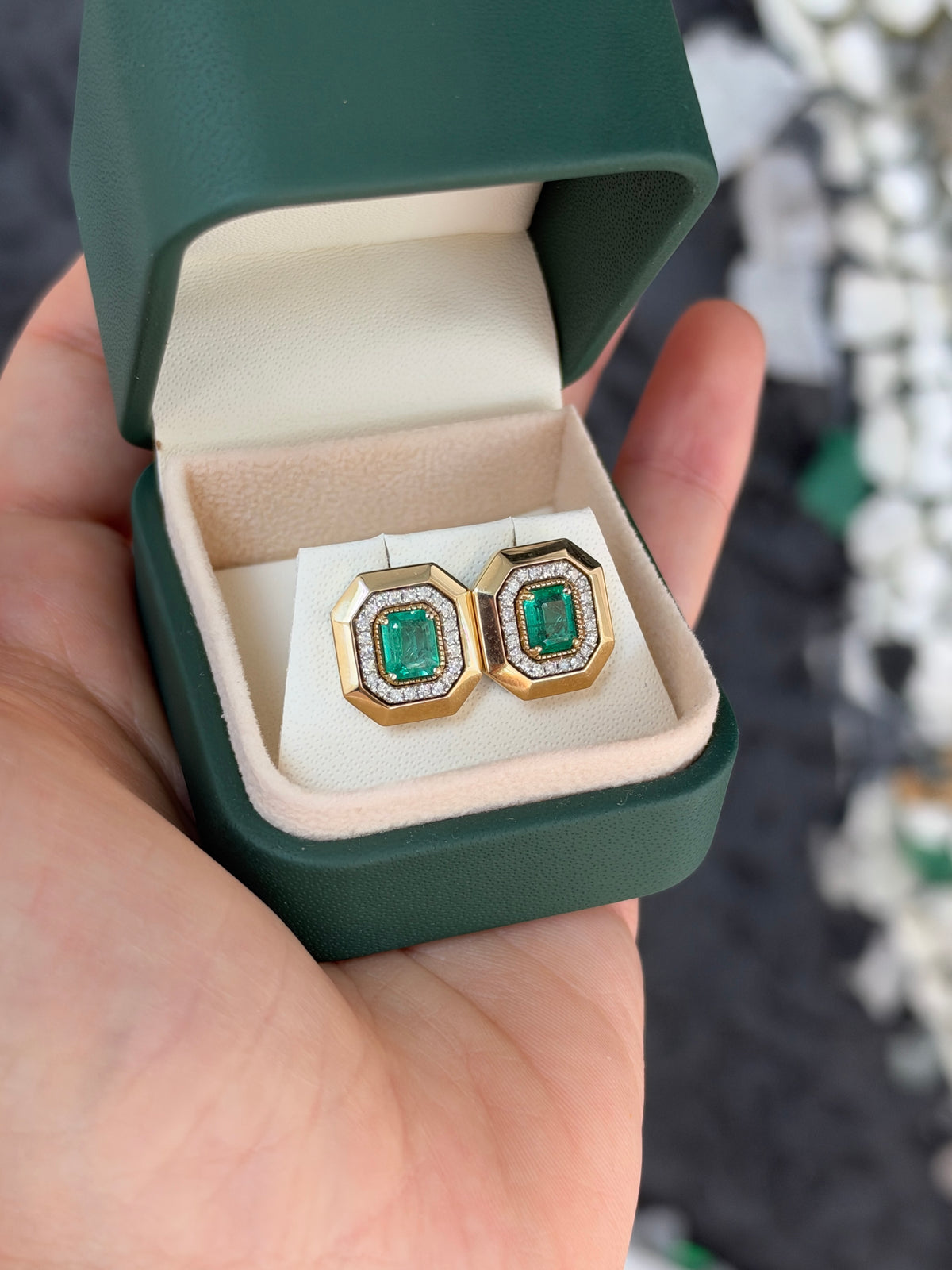 1.94tcw 14K XL Natural Emerald Cut Emerald & Diamond Halo Stud Earrings Two Toned