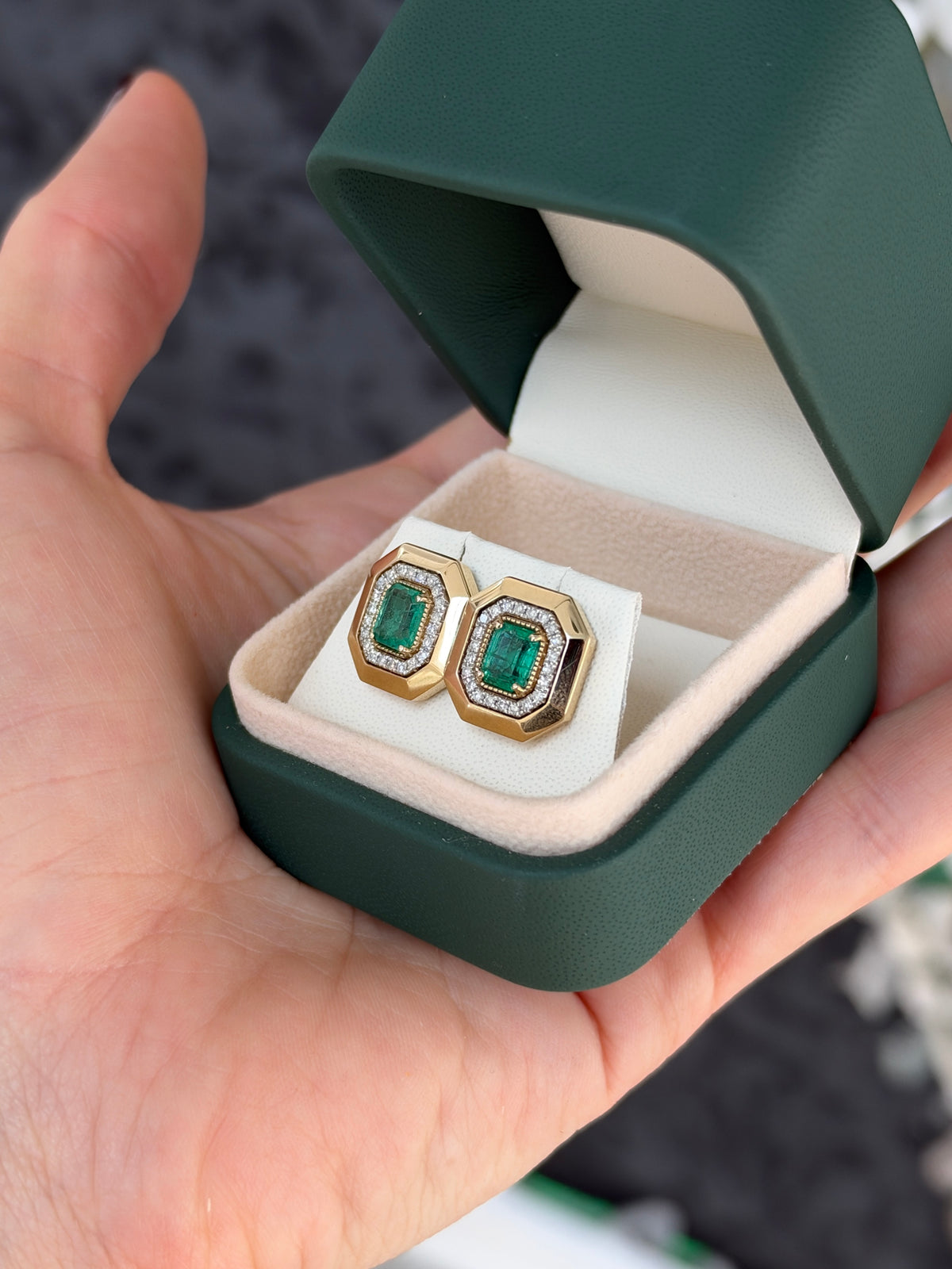 1.94tcw 14K XL Natural Emerald Cut Emerald & Diamond Halo Stud Earrings Two Toned