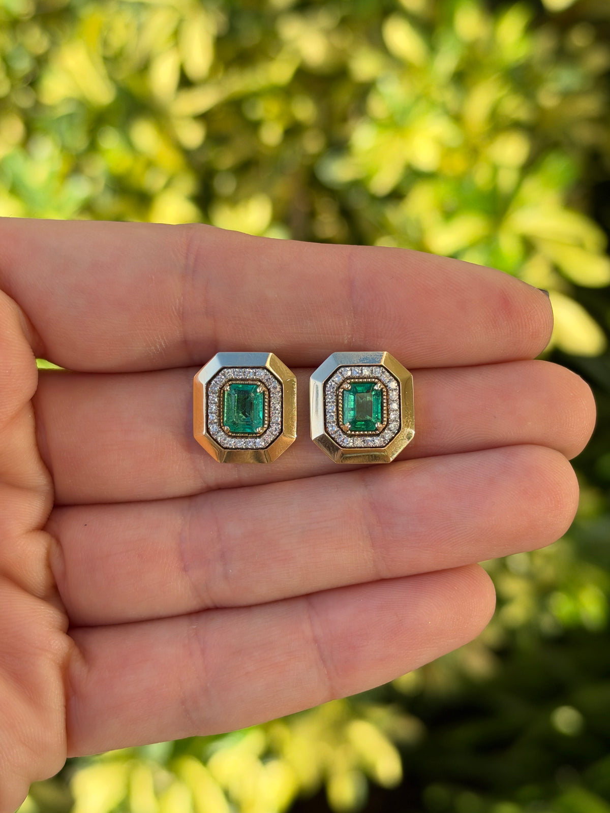 1.94tcw 14K XL Natural Emerald Cut Emerald & Diamond Halo Stud Earrings Two Toned