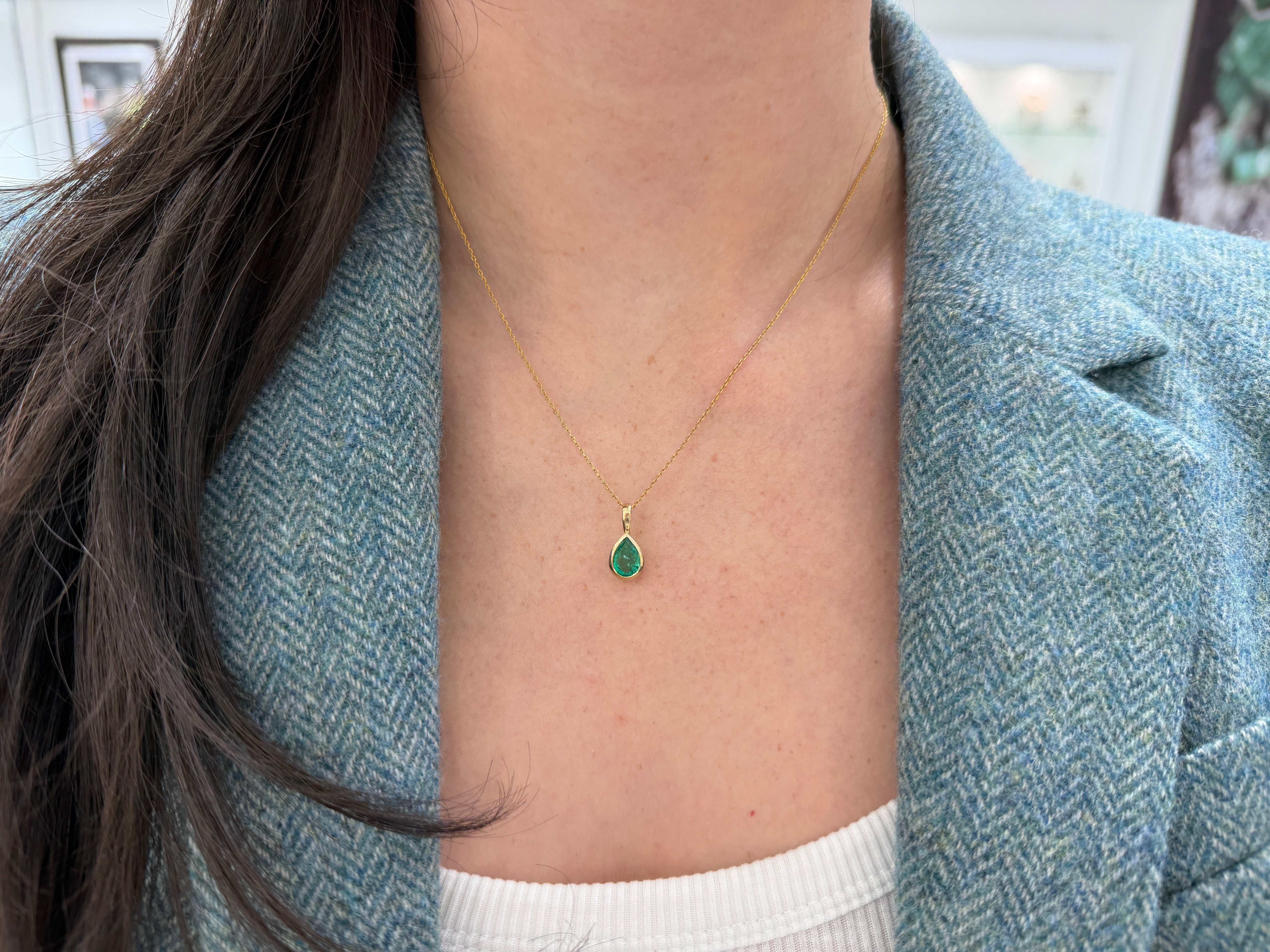 1.0ct Bezel Set Natural Emerald Pear Necklace 14K