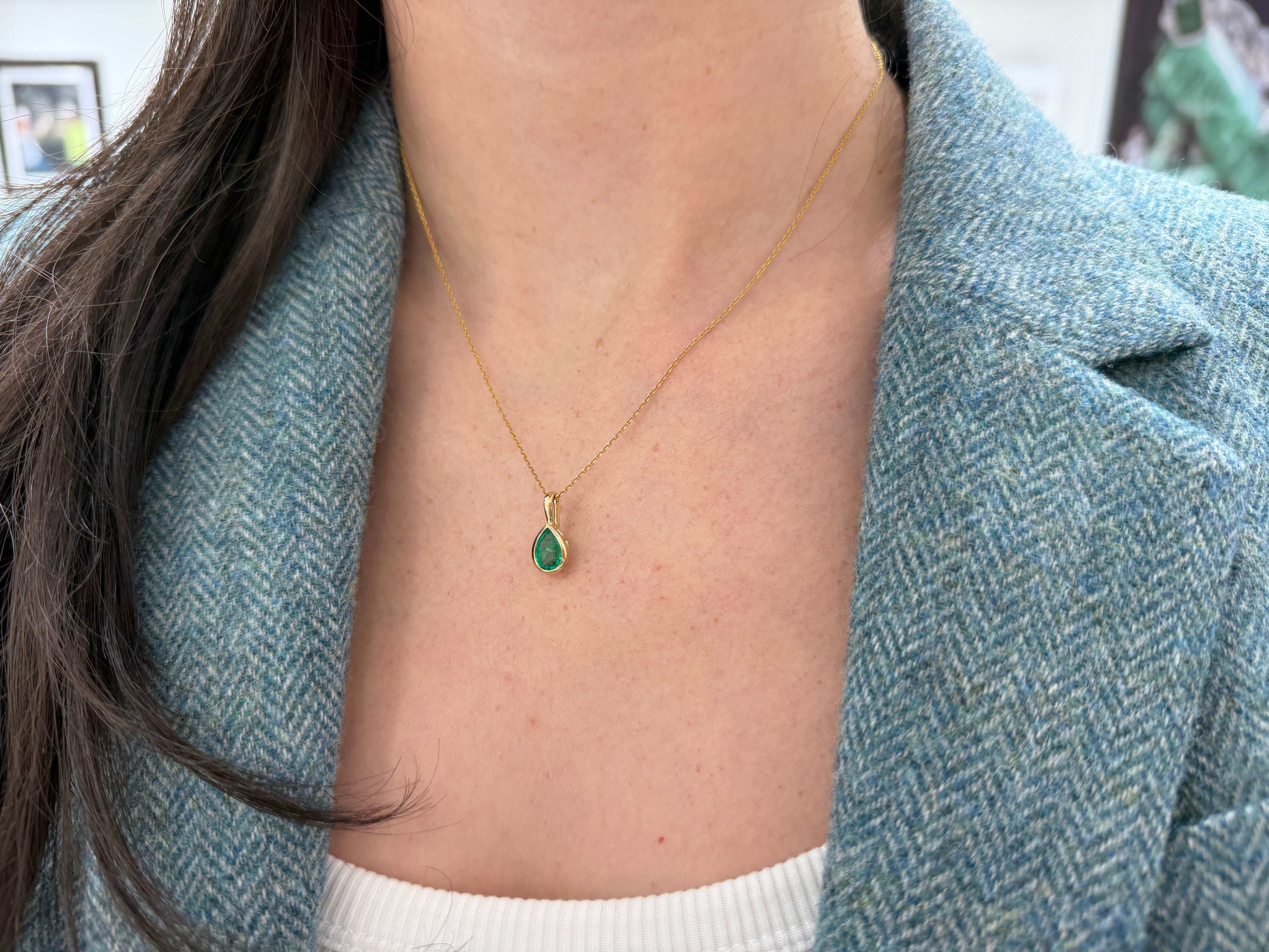 1.0ct Bezel Set Natural Emerald Pear Necklace 14K