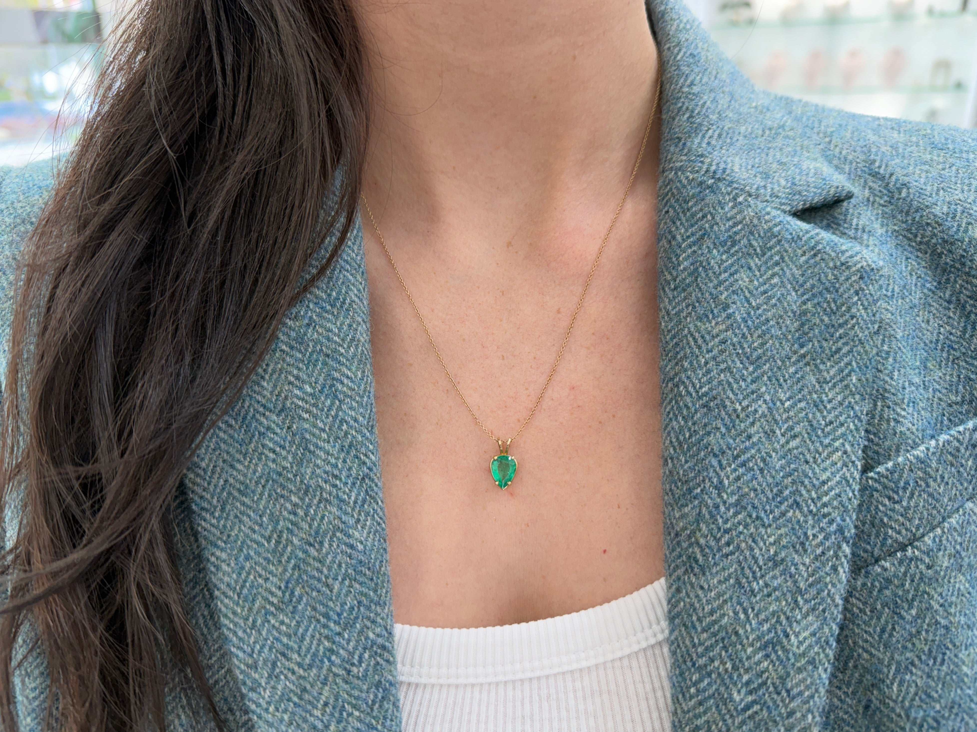 2.82cts Inverted Colombian Emerald-Pear Cut Solitaire Necklace 14K