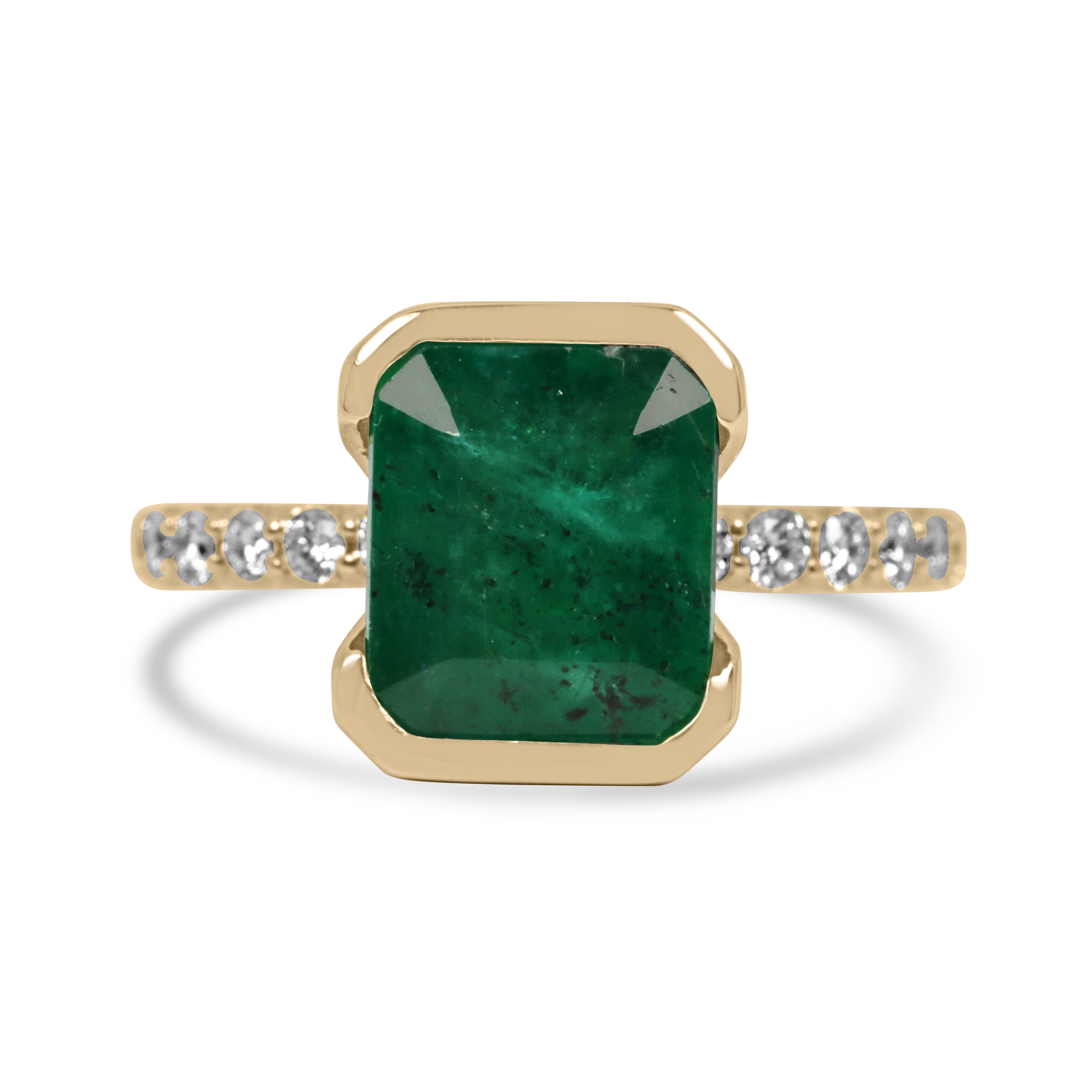 3.69tcw Stacking Friendly Semi Bezel Natural Emerald Solitaire with Diamond Accents 14K