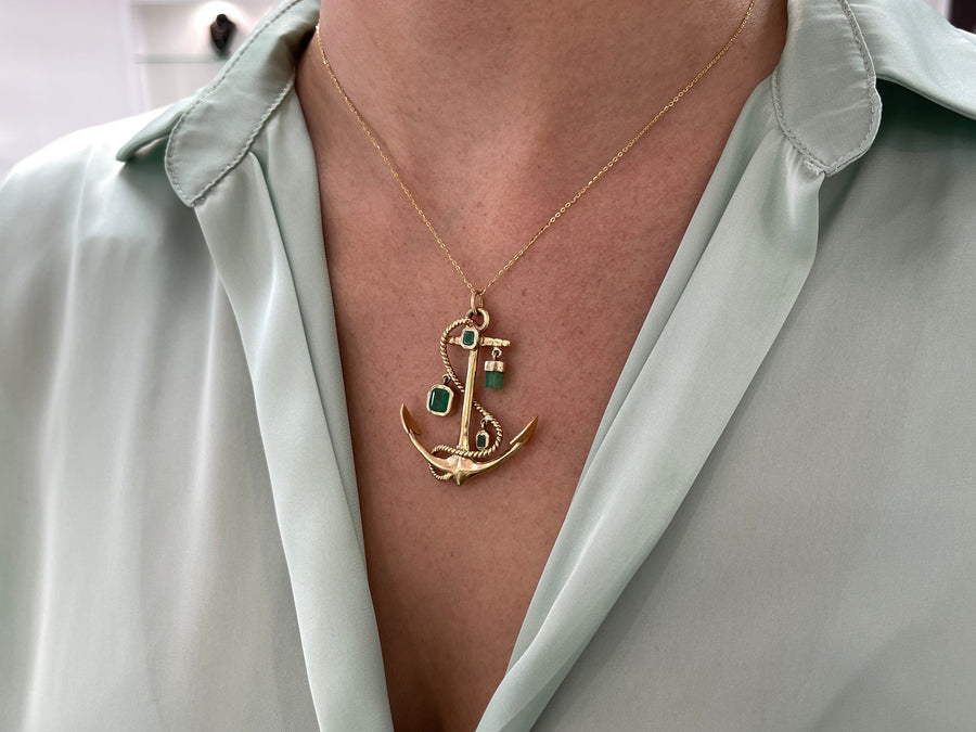 Special Price for Christian 3.34tcw Handmade Large Colombian Emerald Anchor Pendant 14K