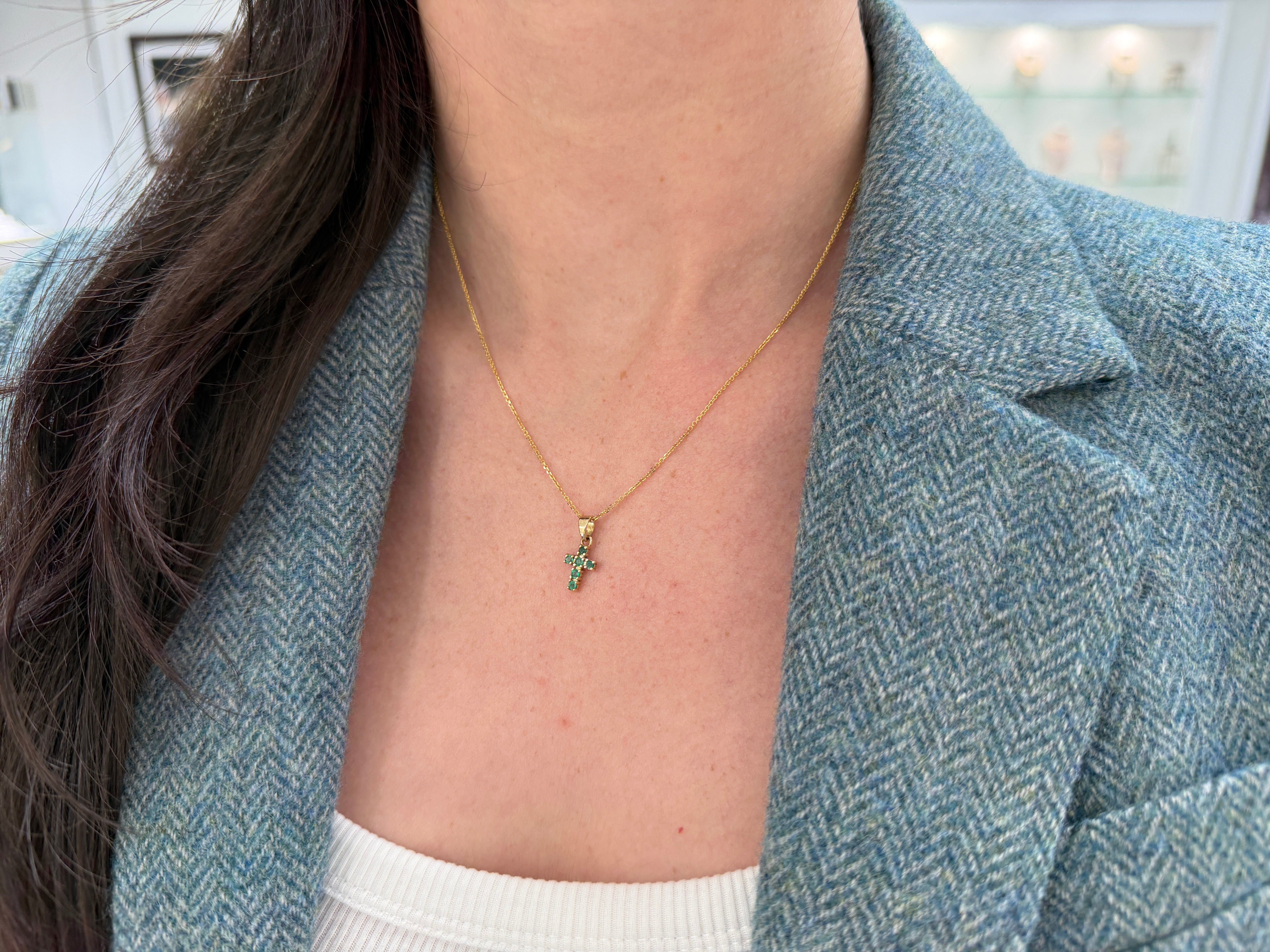 0.24tcw Petite Emerald Cross Necklace 14K