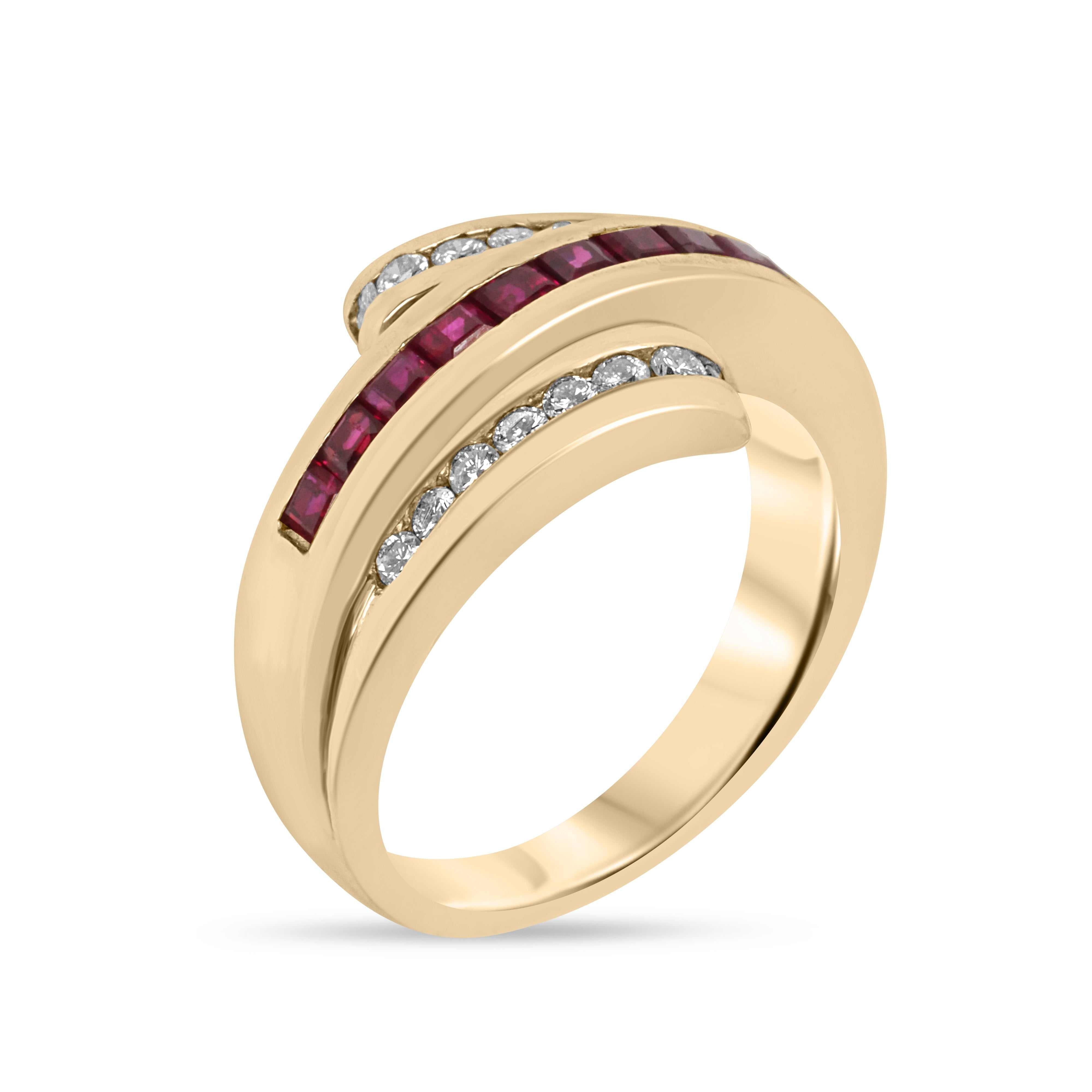 0.68tcw 14K Princess Ruby & Diamond Bypass Gold Band Ring - JR Colombian Emeralds