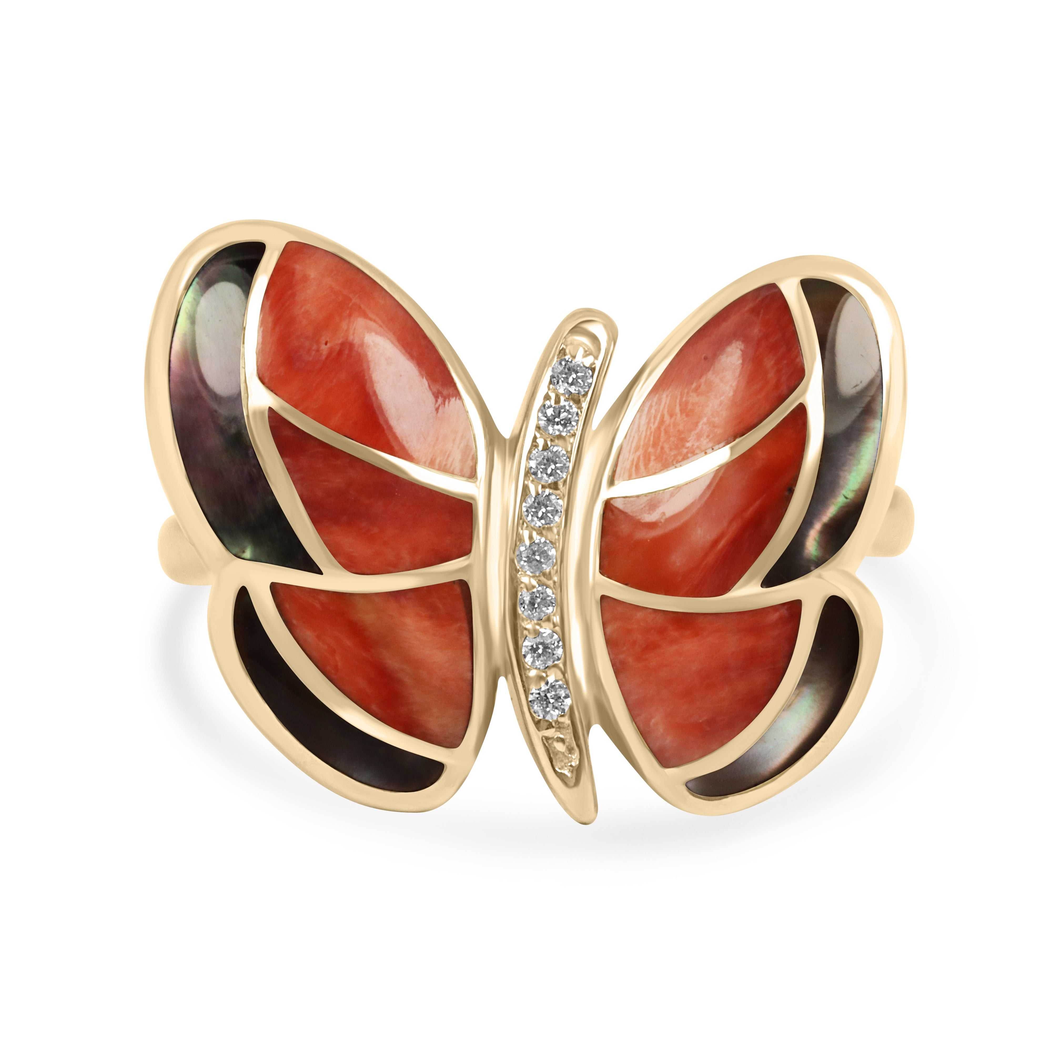18K rose gold butterfly ring with mother of pearl, red agate inlays, and diamond accents
