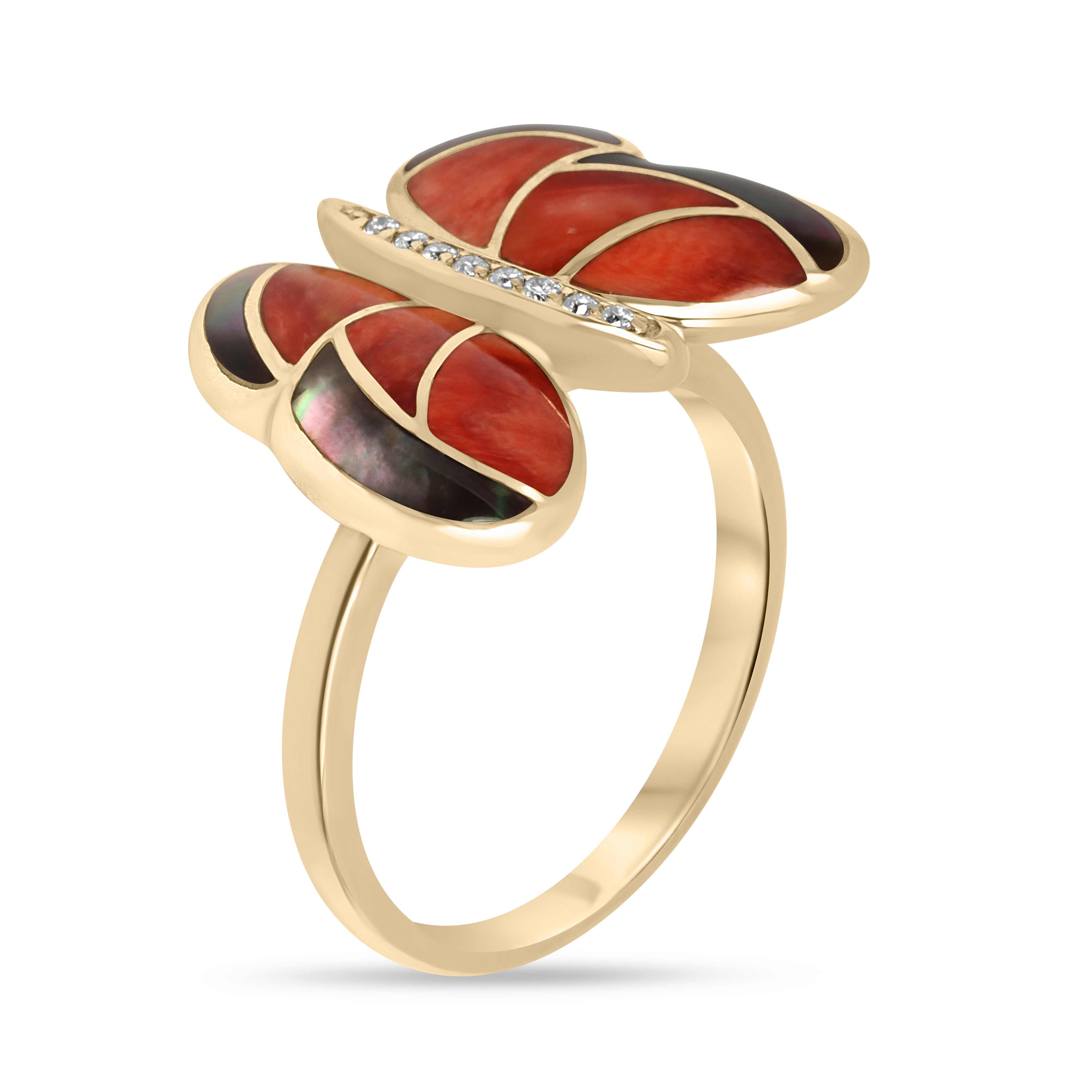 4.05tcw 18K Custom Mother of Pearl & Agate Butterfly Diamond Accent Ring - JR Colombian Emeralds