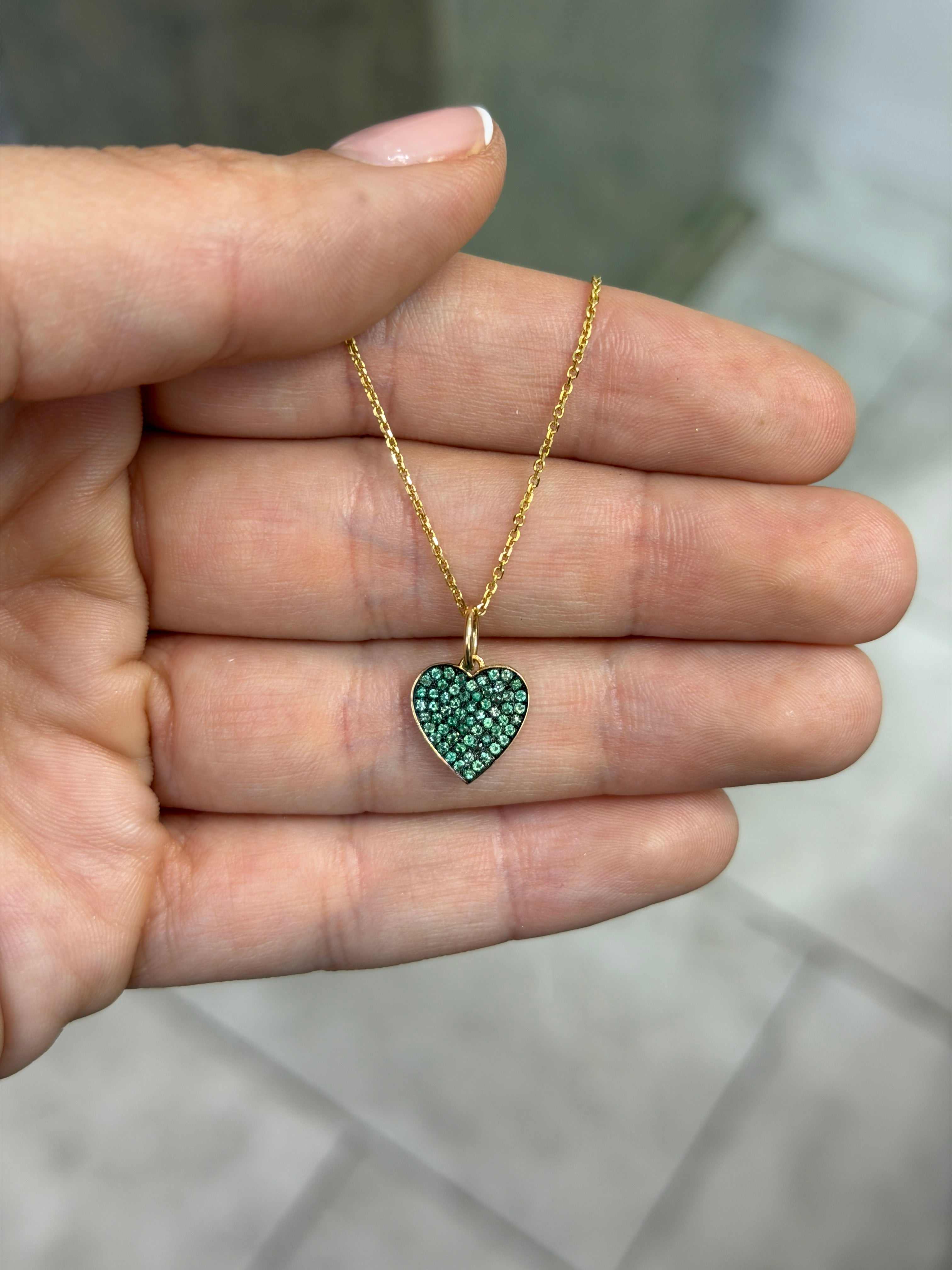 Emerald Heart Charm Necklace 14K