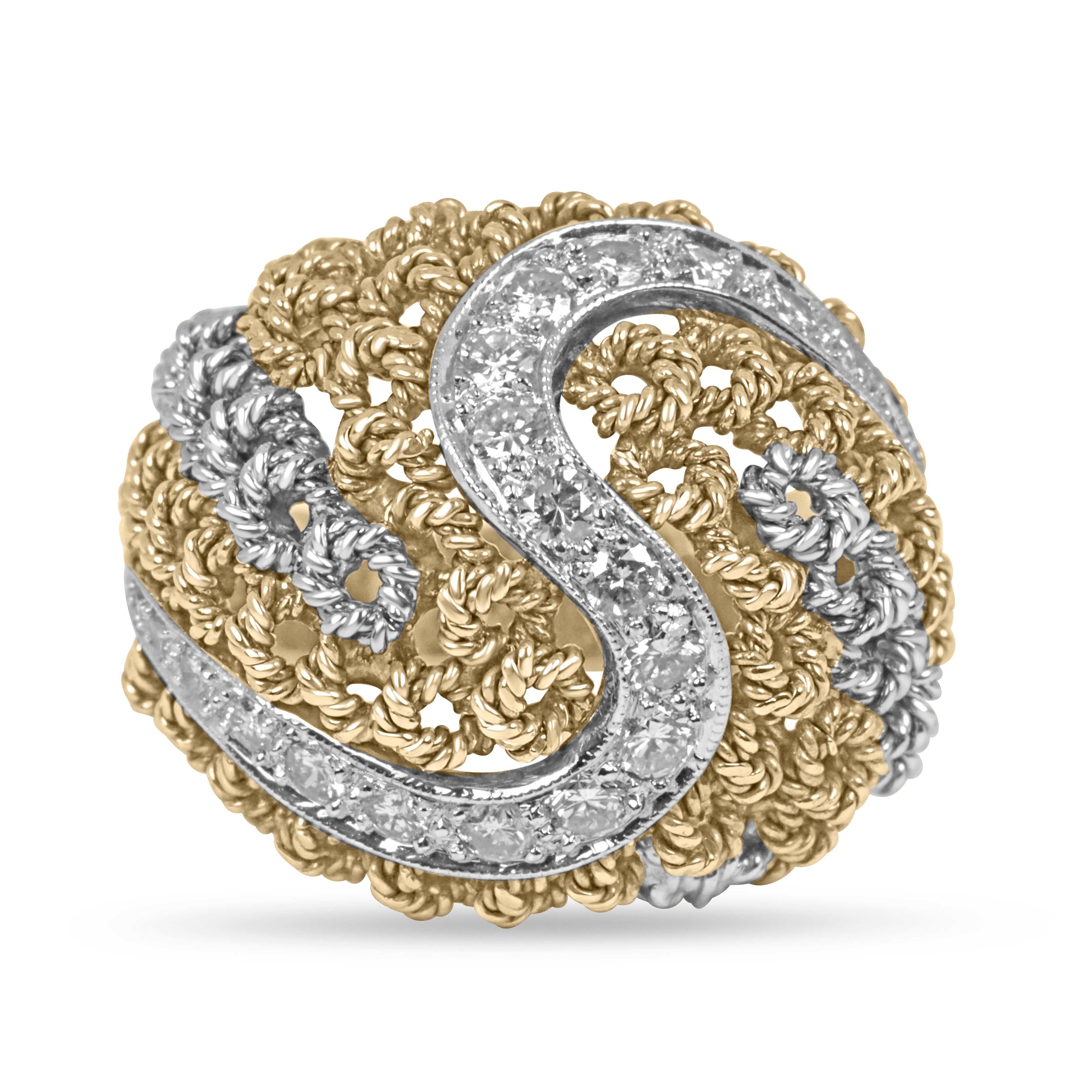 0.60tcw Basket Weave Diamond Vintage Cluster Ring 18K yellow and white gold cocktail ring with 22 round diamonds in an S pattern