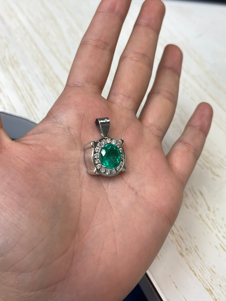 Custom Made 5.0tcw Oval Colombian Emerald & Diamond Halo Pendant 18K