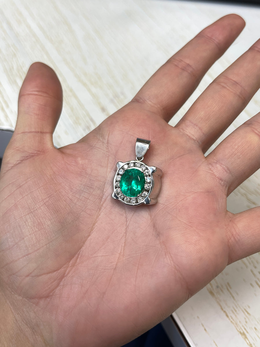 Custom Made 5.0tcw Oval Colombian Emerald & Diamond Halo Pendant 18K