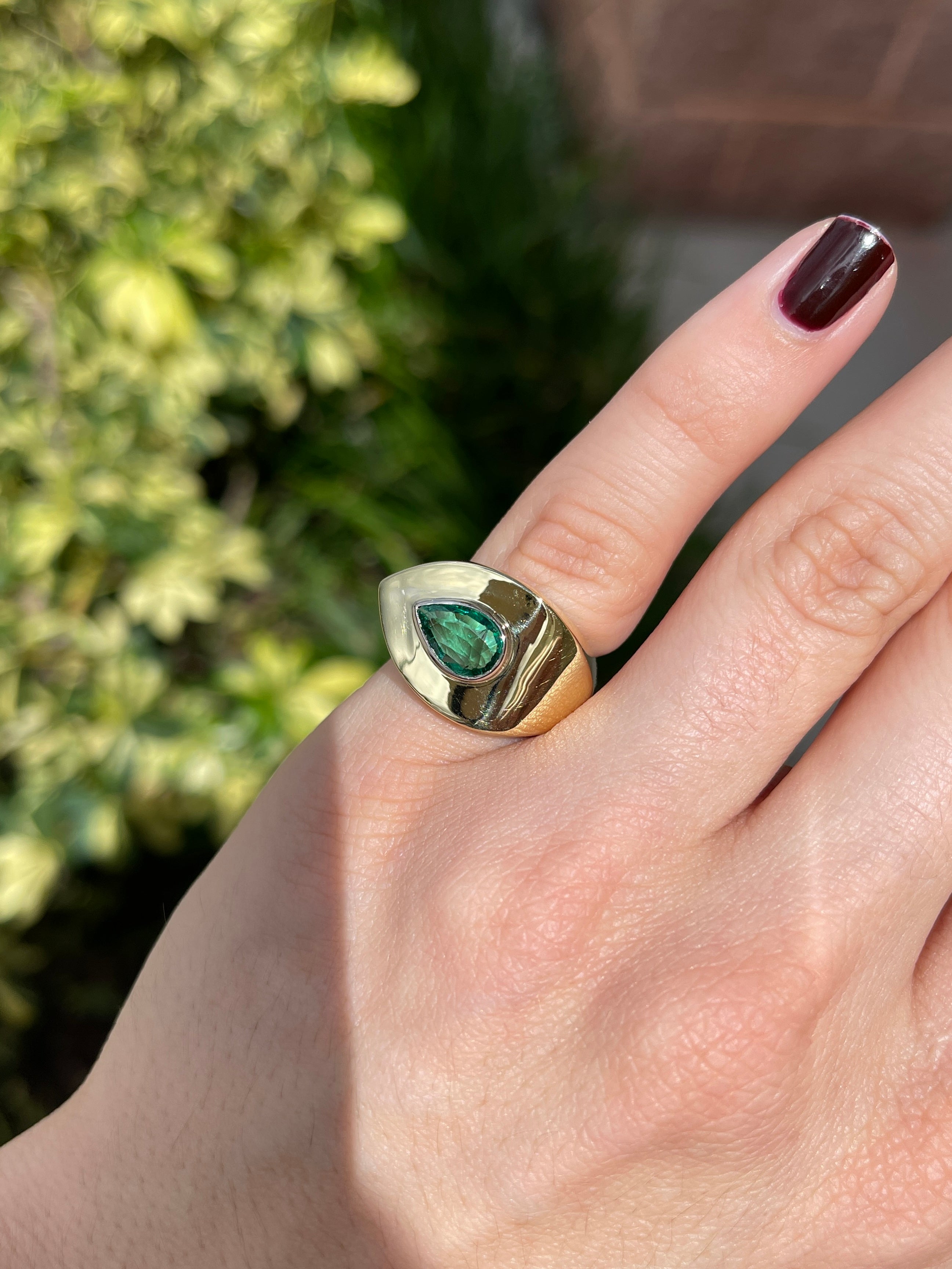 1.07cts XL East to West Pear Emerald Bezel Gypsy Ring 18K Two-Toned