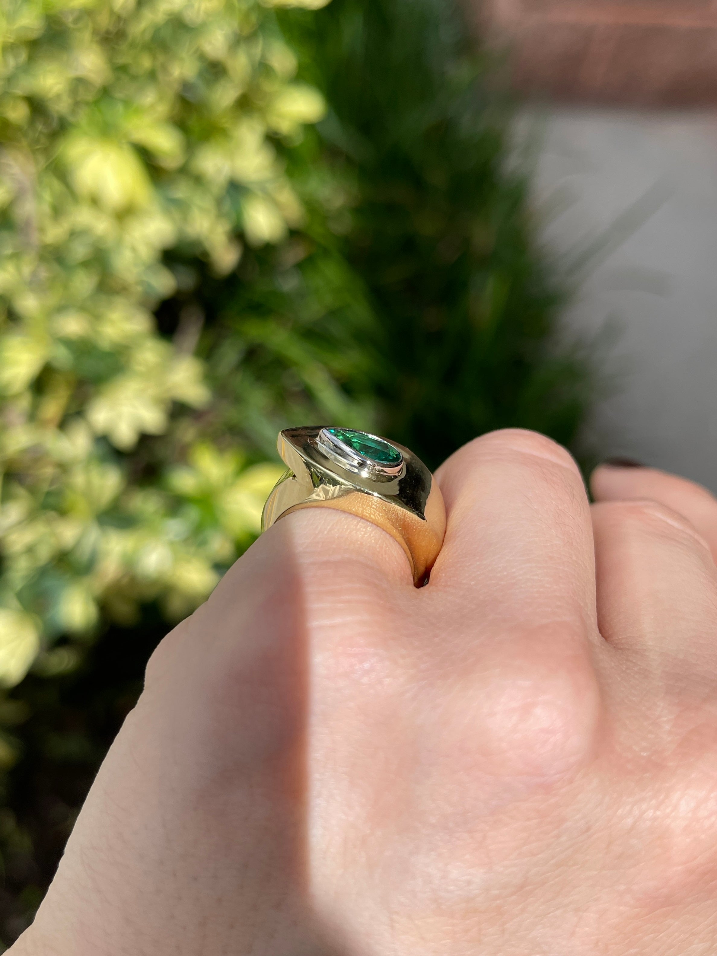 1.07cts XL East to West Pear Emerald Bezel Gypsy Ring 18K Two-Toned