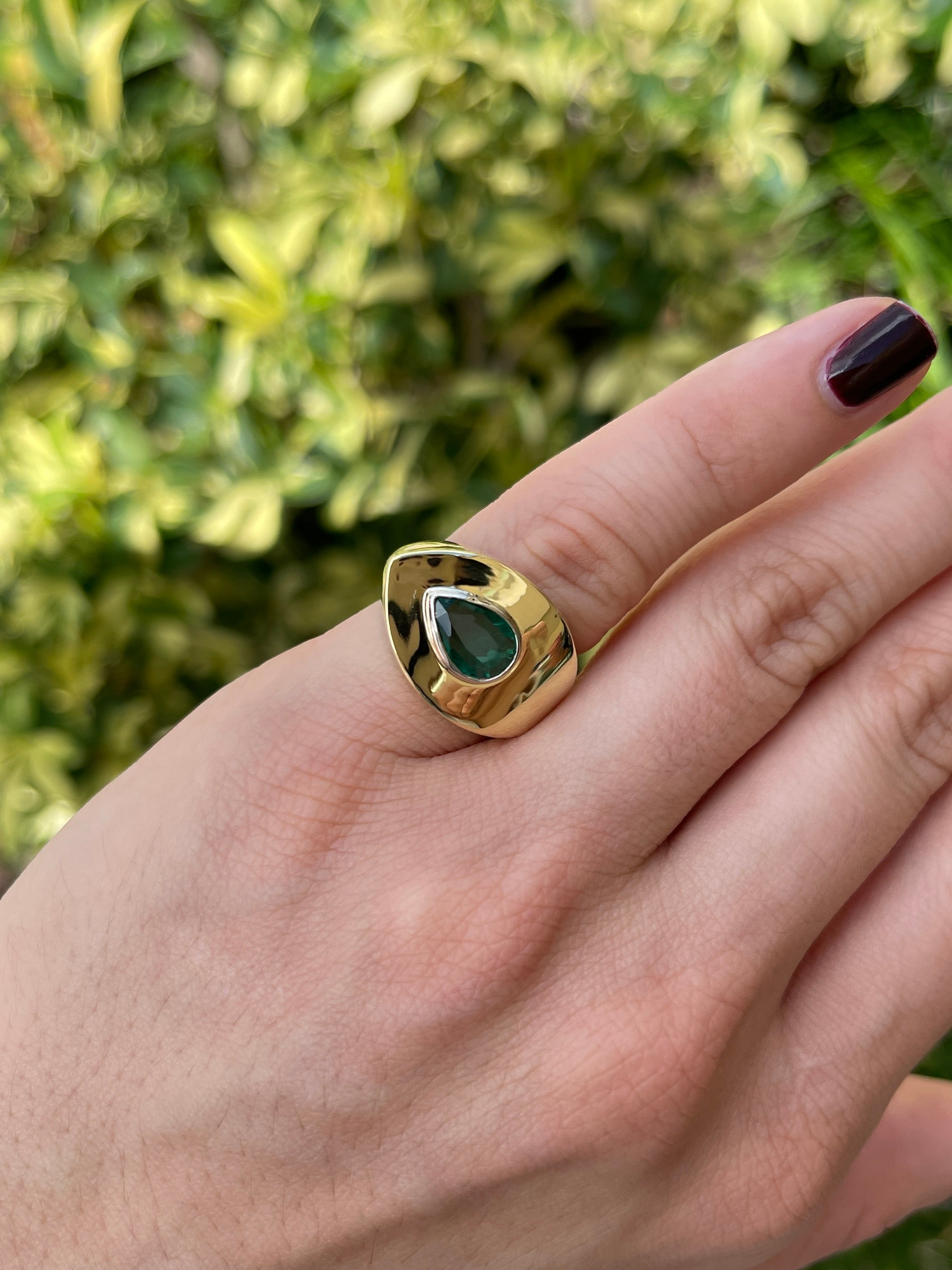 1.07cts XL East to West Pear Emerald Bezel Gypsy Ring 18K Two-Toned
