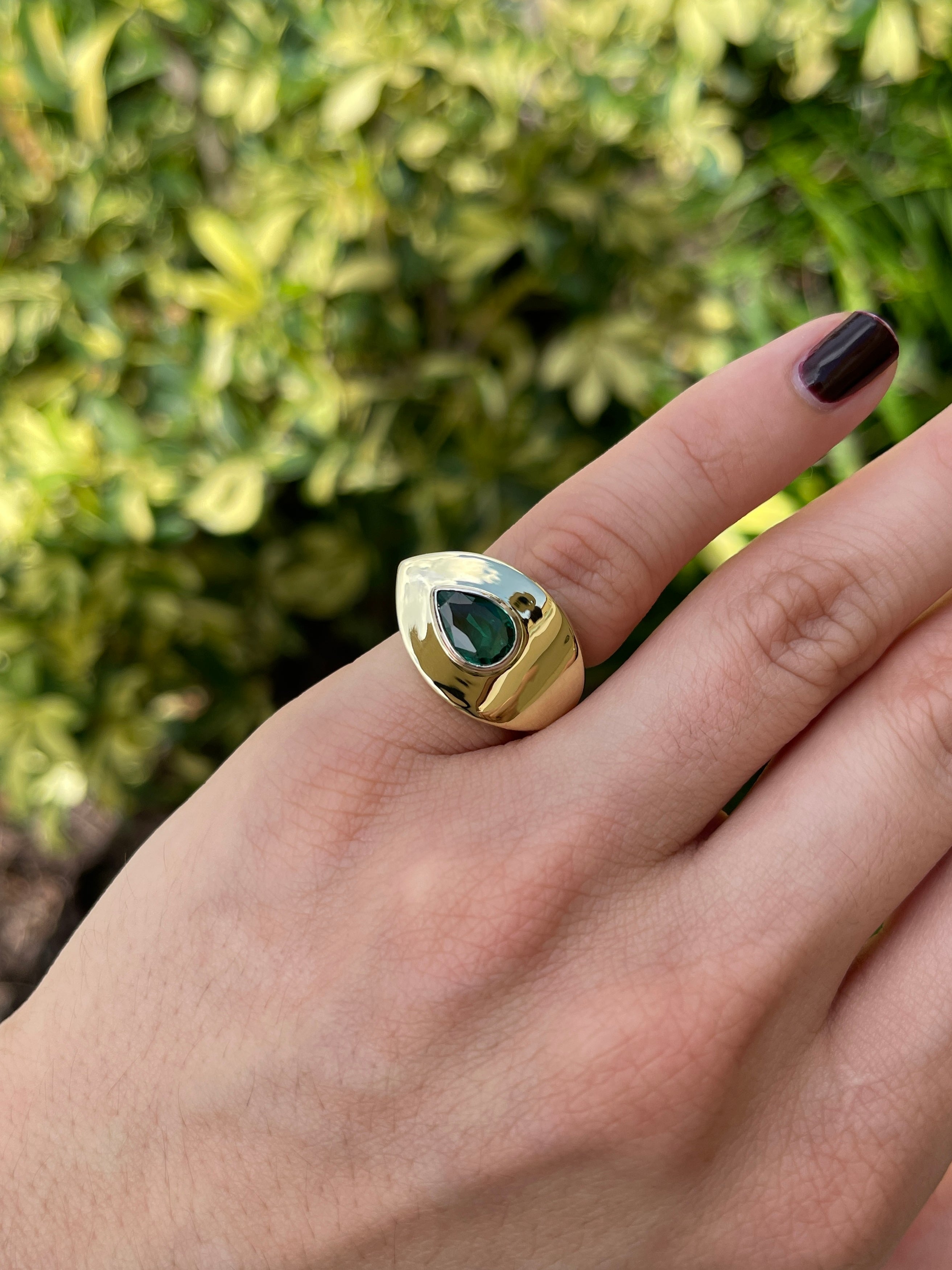 1.07cts XL East to West Pear Emerald Bezel Gypsy Ring 18K Two-Toned