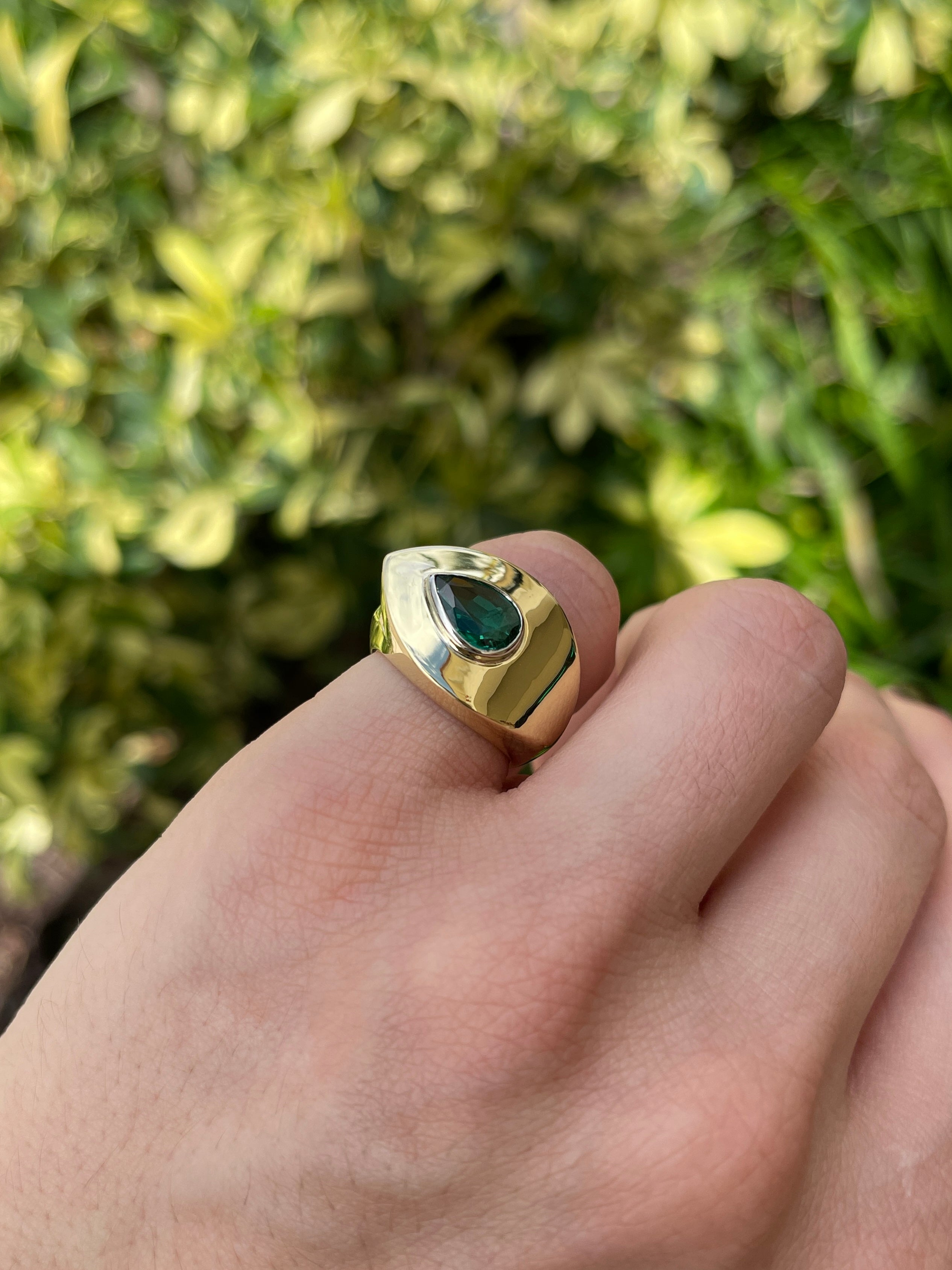 1.07cts XL East to West Pear Emerald Bezel Gypsy Ring 18K Two-Toned