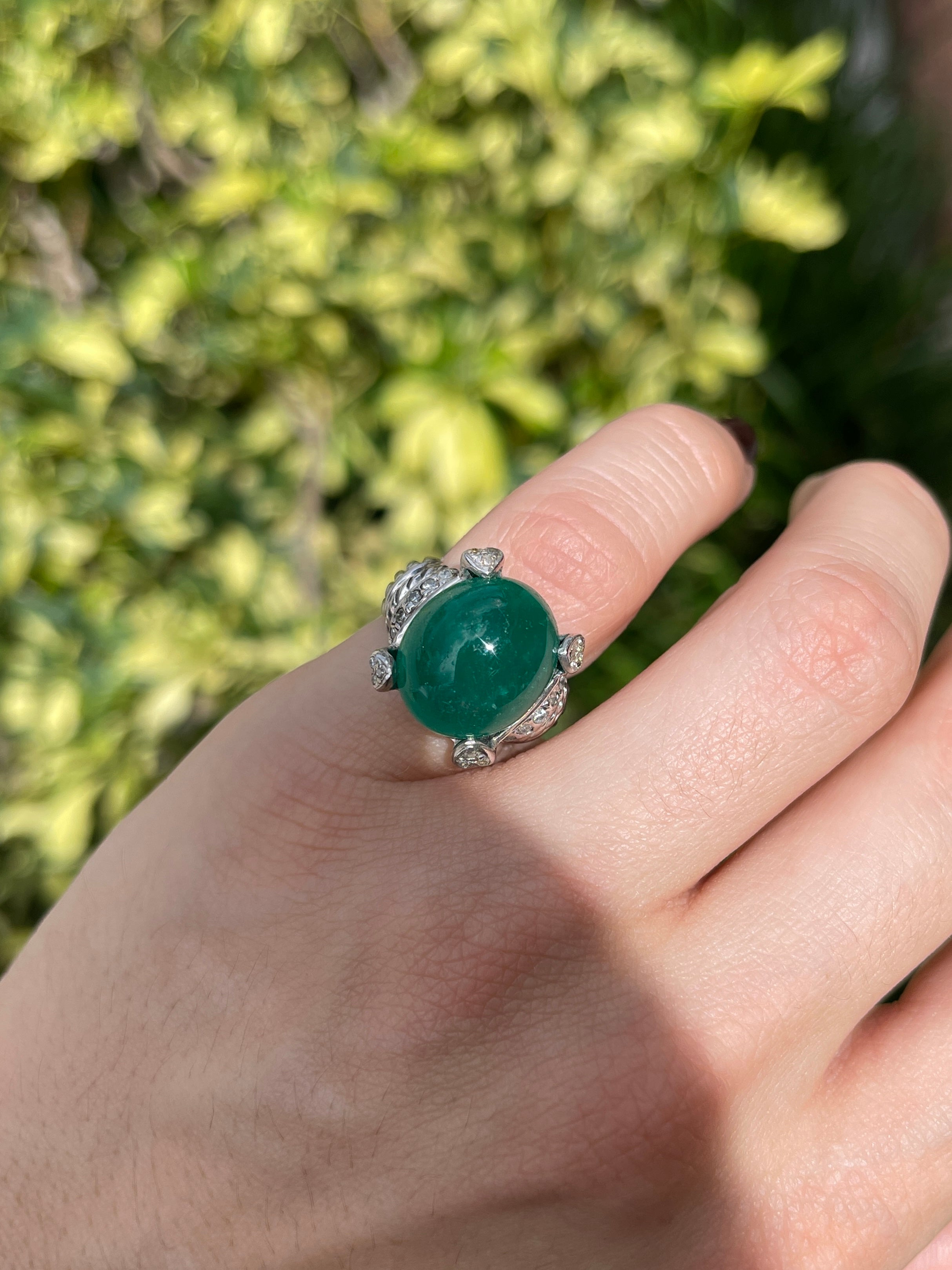12.71tcw Large Deep Green Cabochon Colombian Emerald & Diamond Accent Statement Ring 14K
