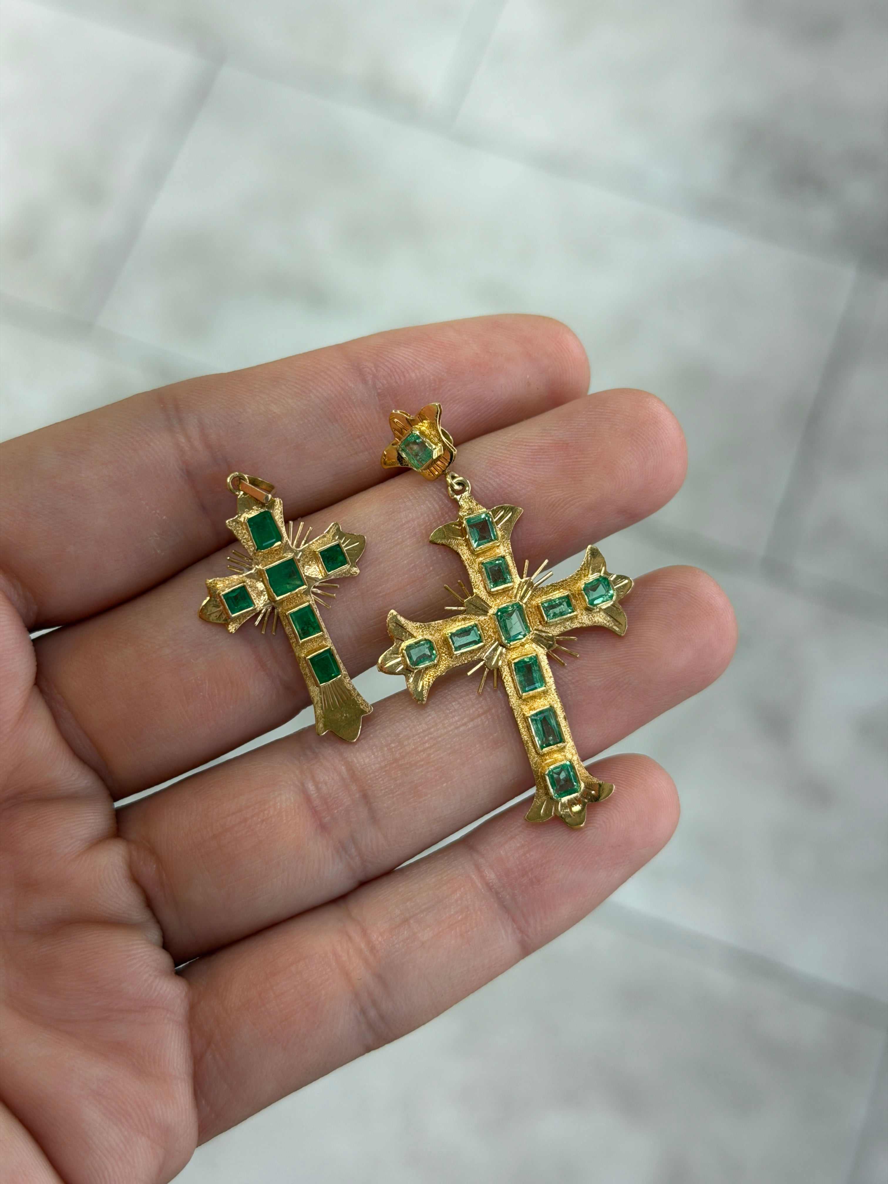 Pre Columbian Inspired 18K Colombian Emerald Crosses - JR Colombian Emeralds