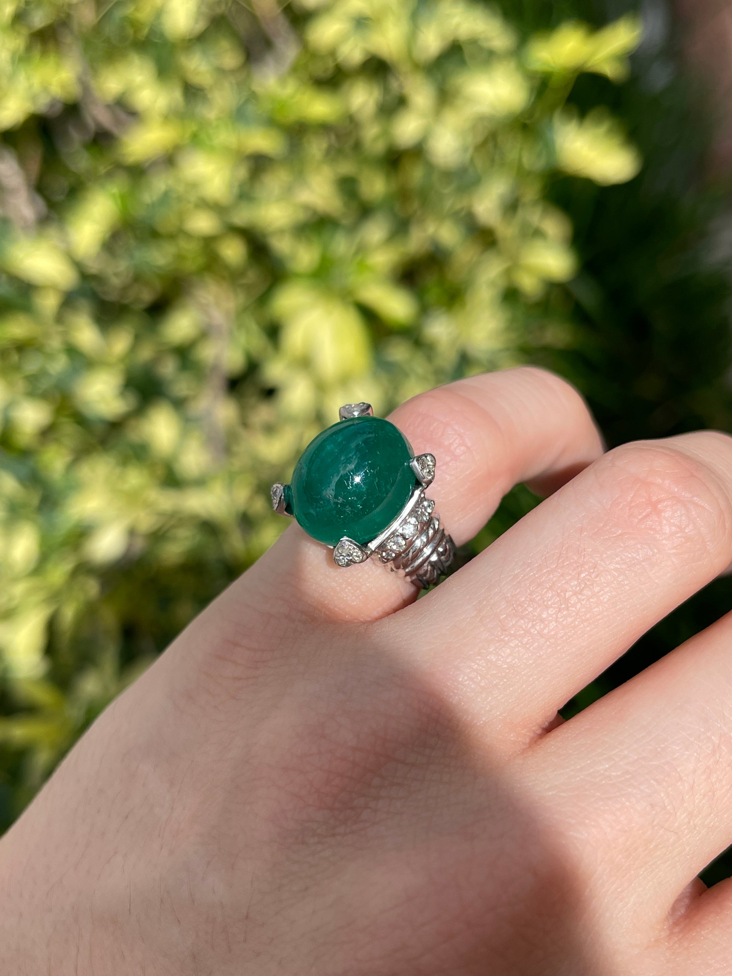 12.71tcw Large Deep Green Cabochon Colombian Emerald & Diamond Accent Statement Ring 14K