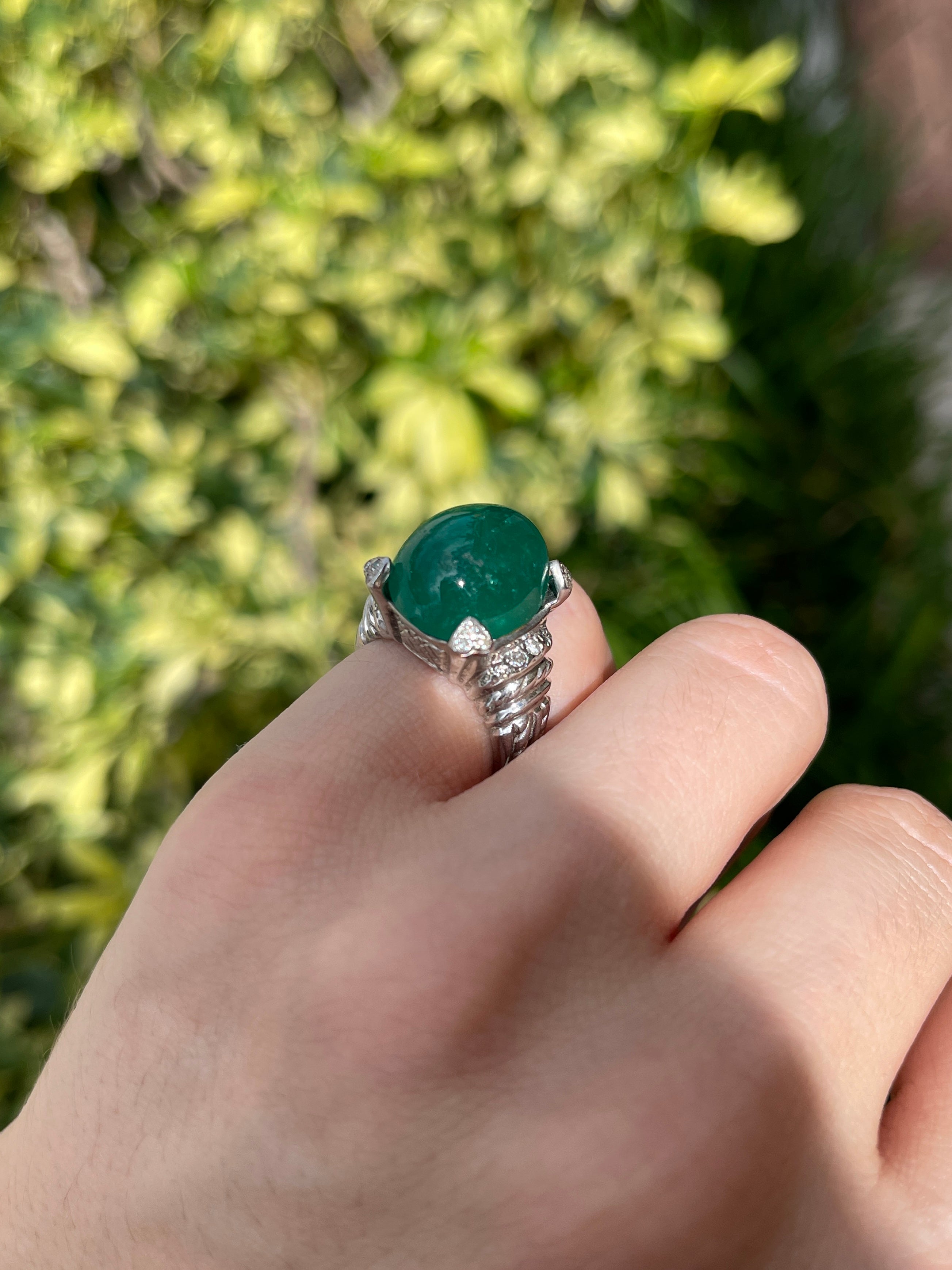 12.71tcw Large Deep Green Cabochon Colombian Emerald & Diamond Accent Statement Ring 14K