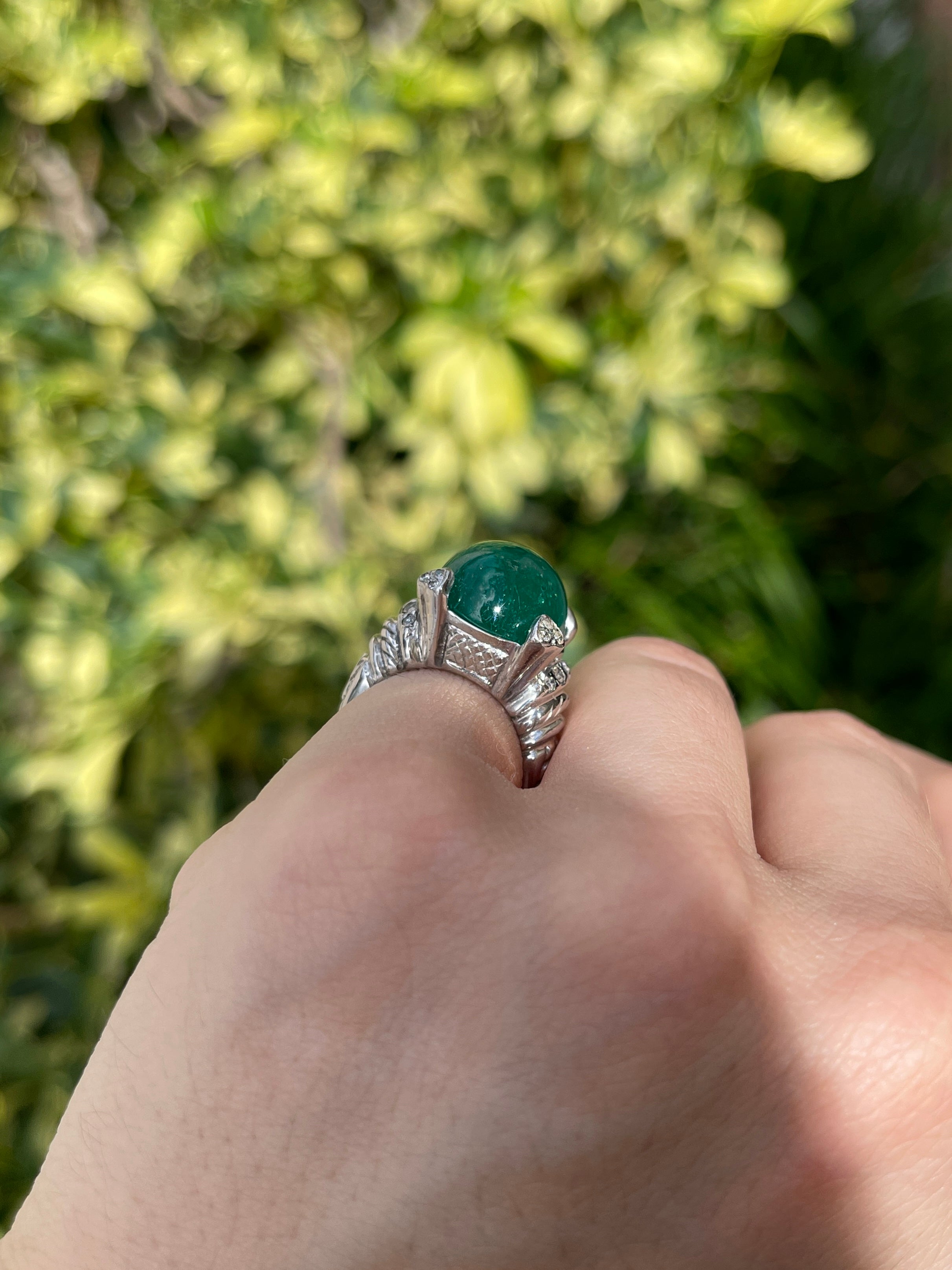 12.71tcw Large Deep Green Cabochon Colombian Emerald & Diamond Accent Statement Ring 14K