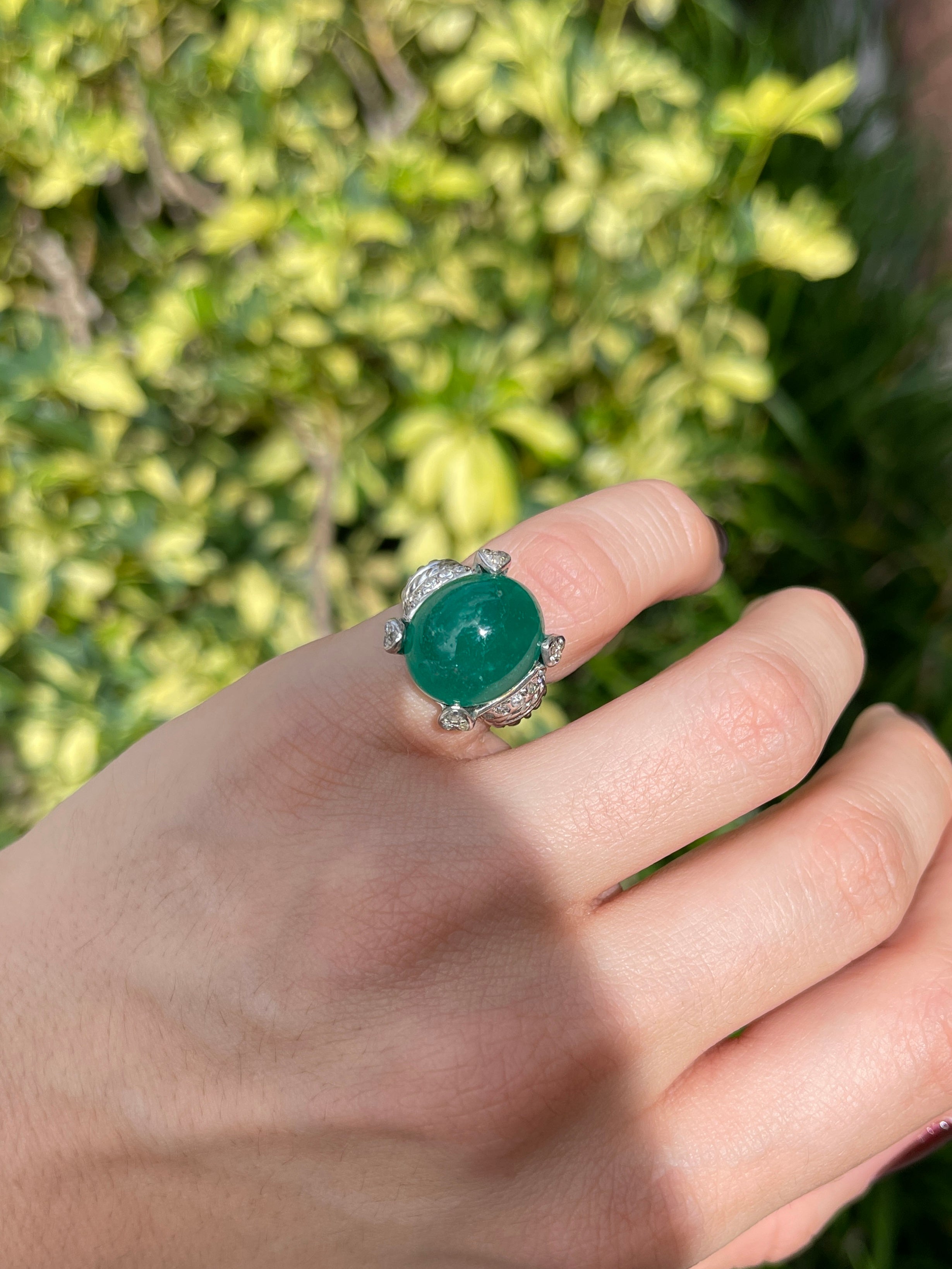12.71tcw Large Deep Green Cabochon Colombian Emerald & Diamond Accent Statement Ring 14K