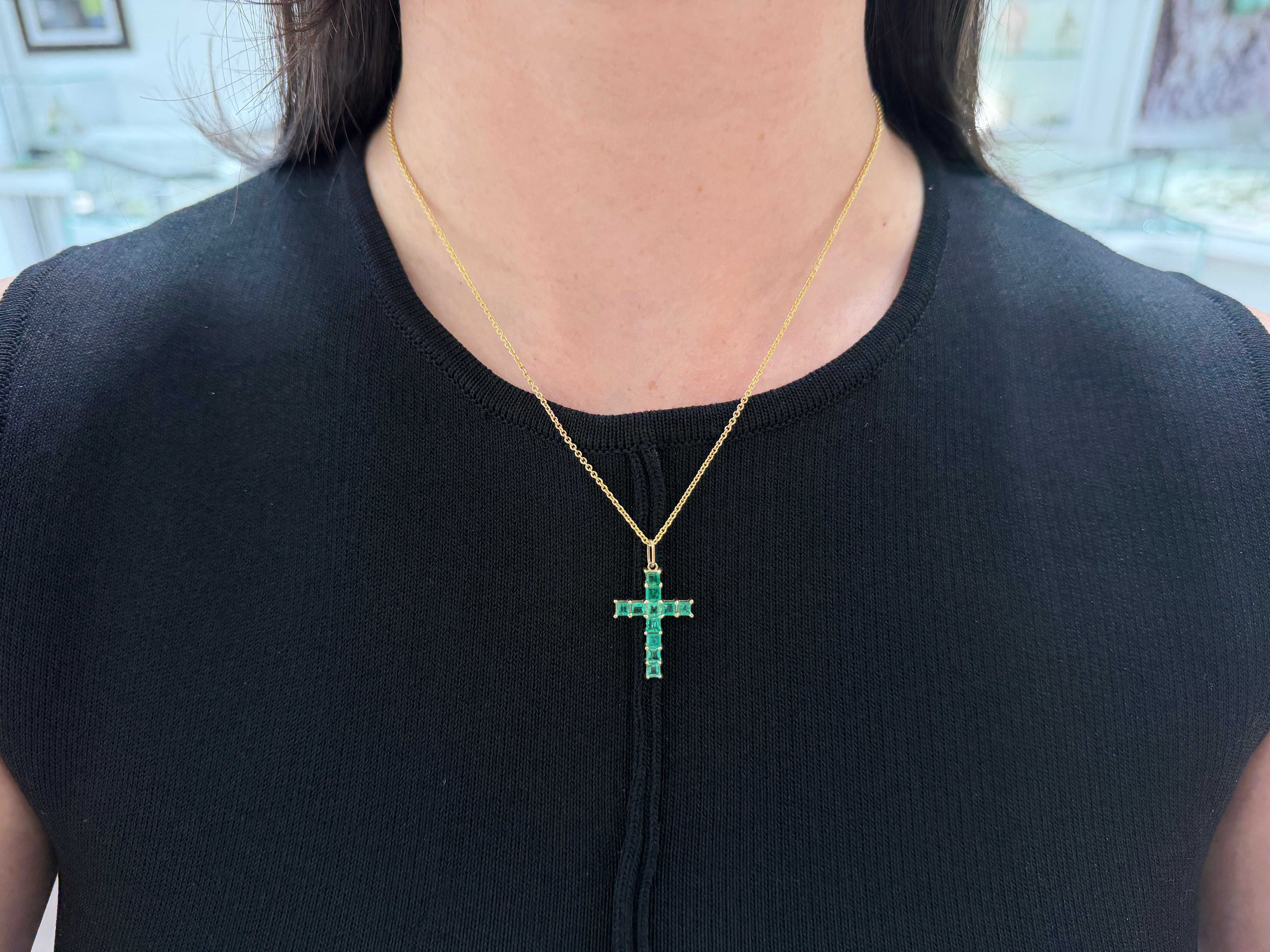 2.20 Carat Natural Princess Cut Emerald Cross Pendant Shiny Necklace - JR Colombian Emeralds