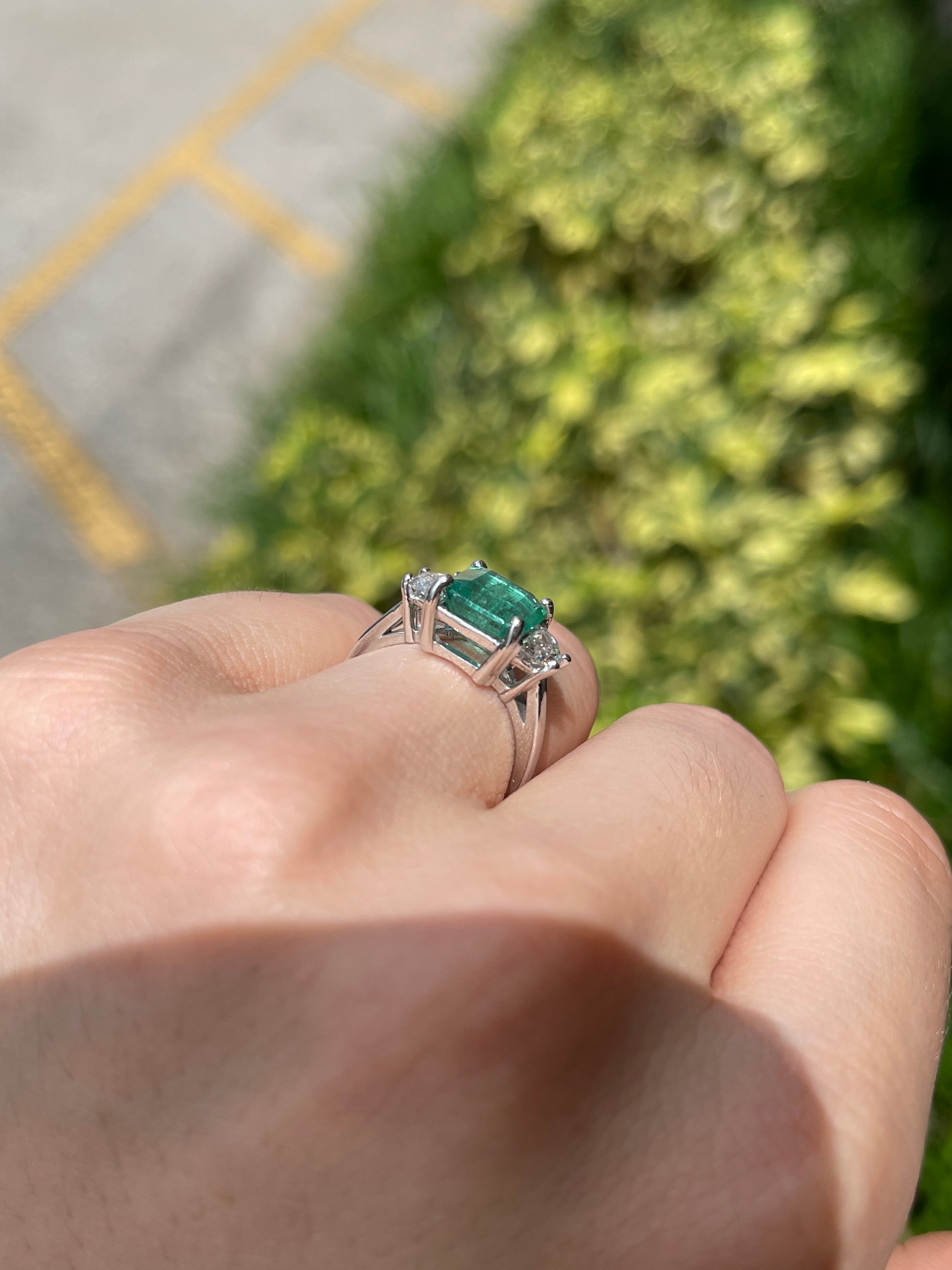 3.25tcw Natural Emerald & Lab Half Moon Diamond 14K Three Stone Ring White Gold - JR Colombian Emeralds