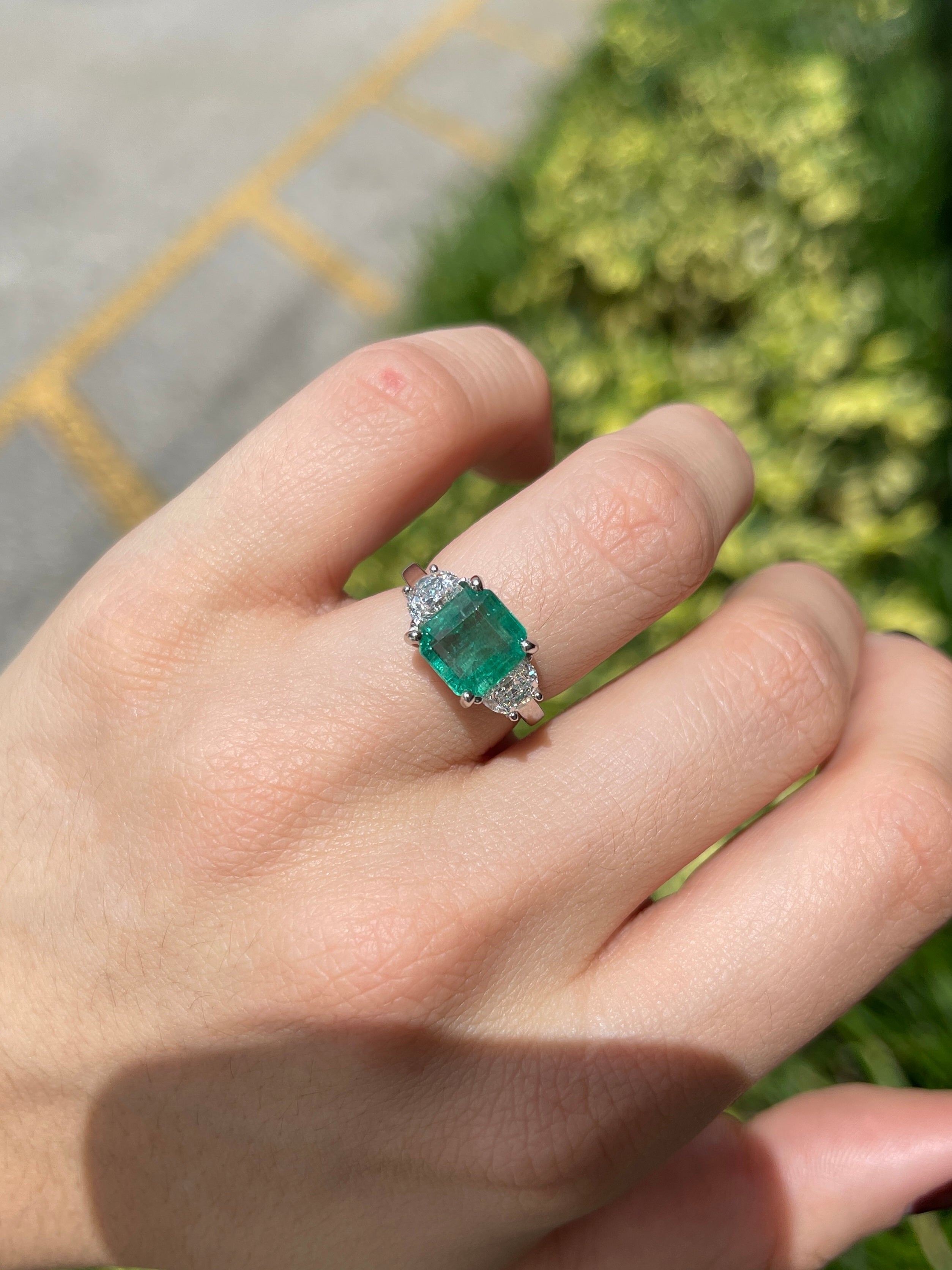 3.25tcw Natural Emerald & Lab Half Moon Diamond 14K Three Stone Ring White Gold - JR Colombian Emeralds