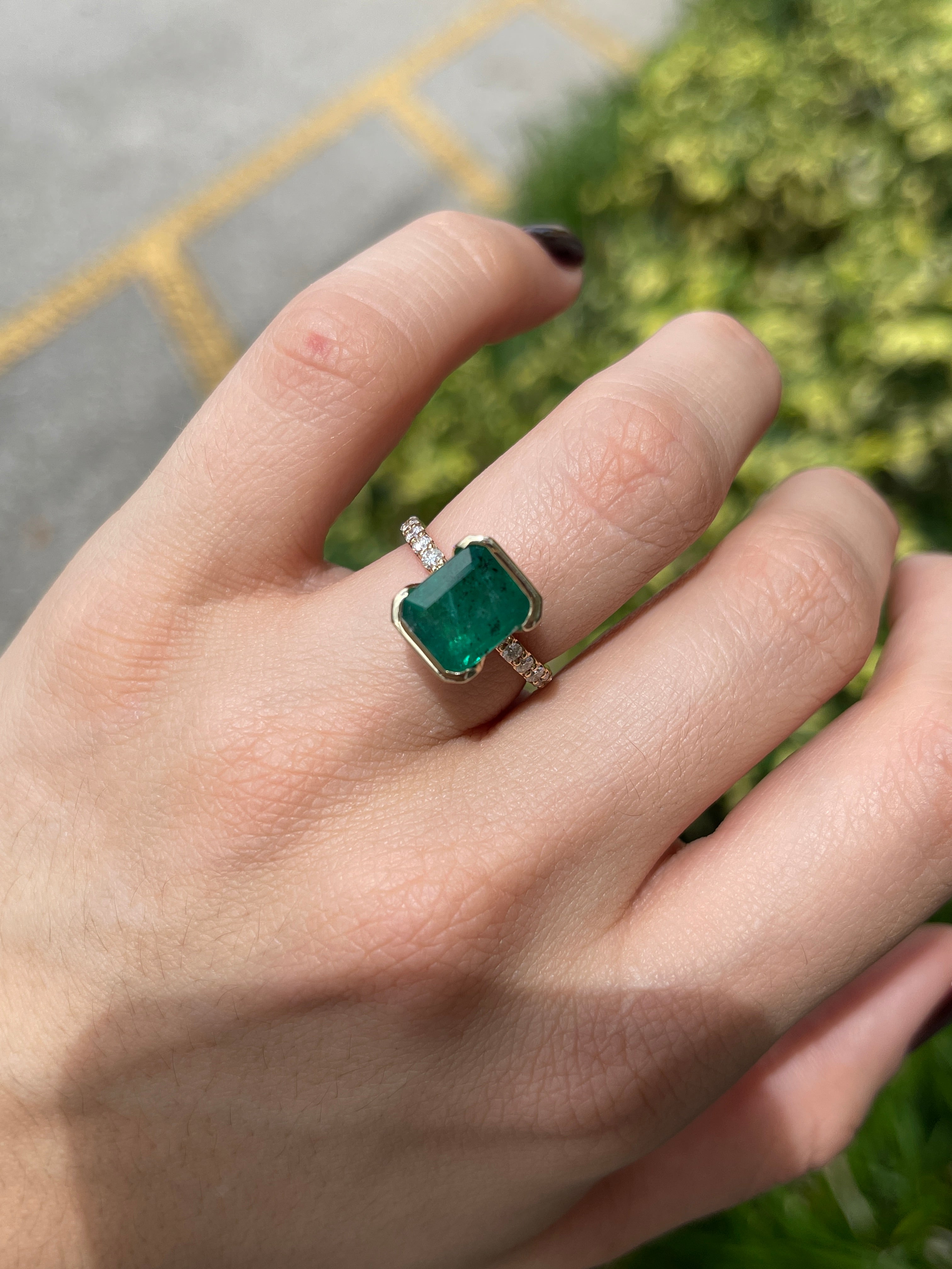3.69tcw Stacking Friendly Semi Bezel Natural Emerald Solitaire with Diamond Accents 14K
